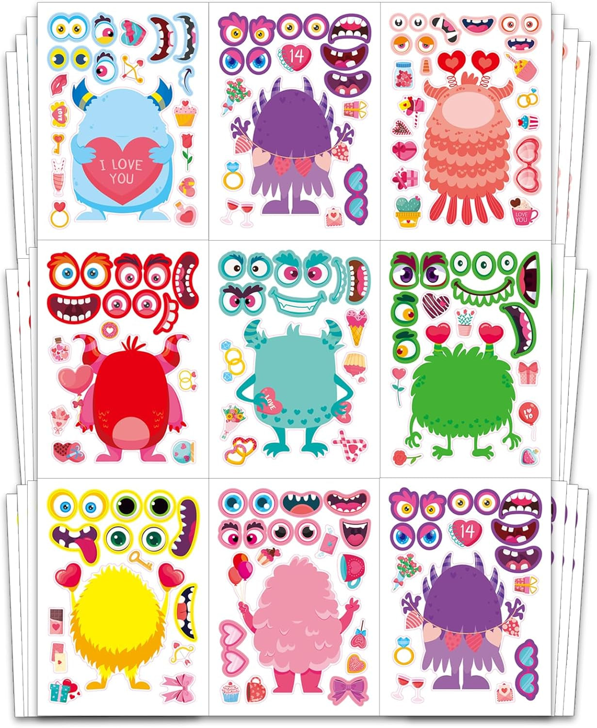 32 Sheets Valentine’S Monster Make-A-Face Stickers | Valentine’S Day Gifts for Kids DIY Crafts & Classroom Party Supplies | Fun Valentine Exchange, Activities, and Goodie Bag Stuffers