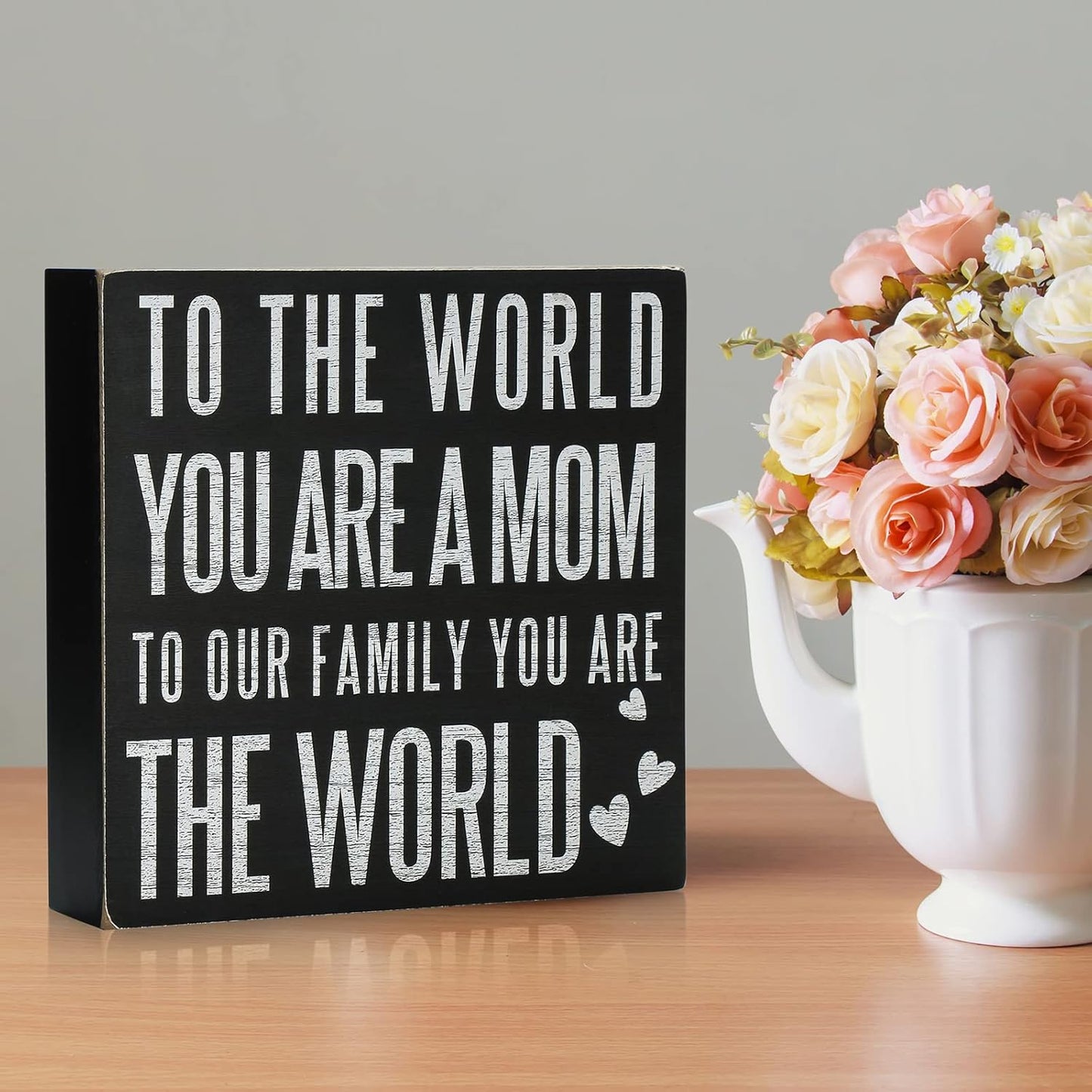 Birthday Gifts for Mom, Christmas Gift for Mother 6X6 Wood Box Sign “To the World You Are a Mom, but to Our Family You Are the World” Rustic Home Décor – Mother’S Day Gifts from Son, Daughter