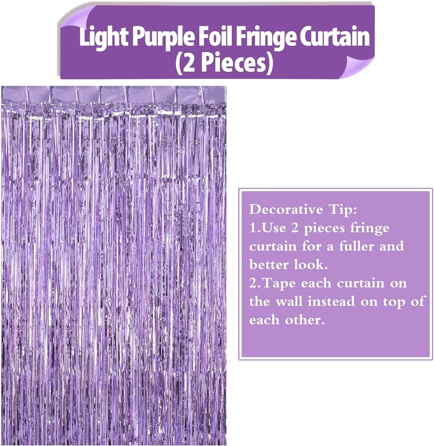 Light Purple Fringe Curtains, Xtra Large Foil Fringe Curtains, Pack of 2 Foil Light Purple Backdrop Curtains Party Decorations for Birthday Wedding Bridal Shower Cocktail Christmas New Year Party