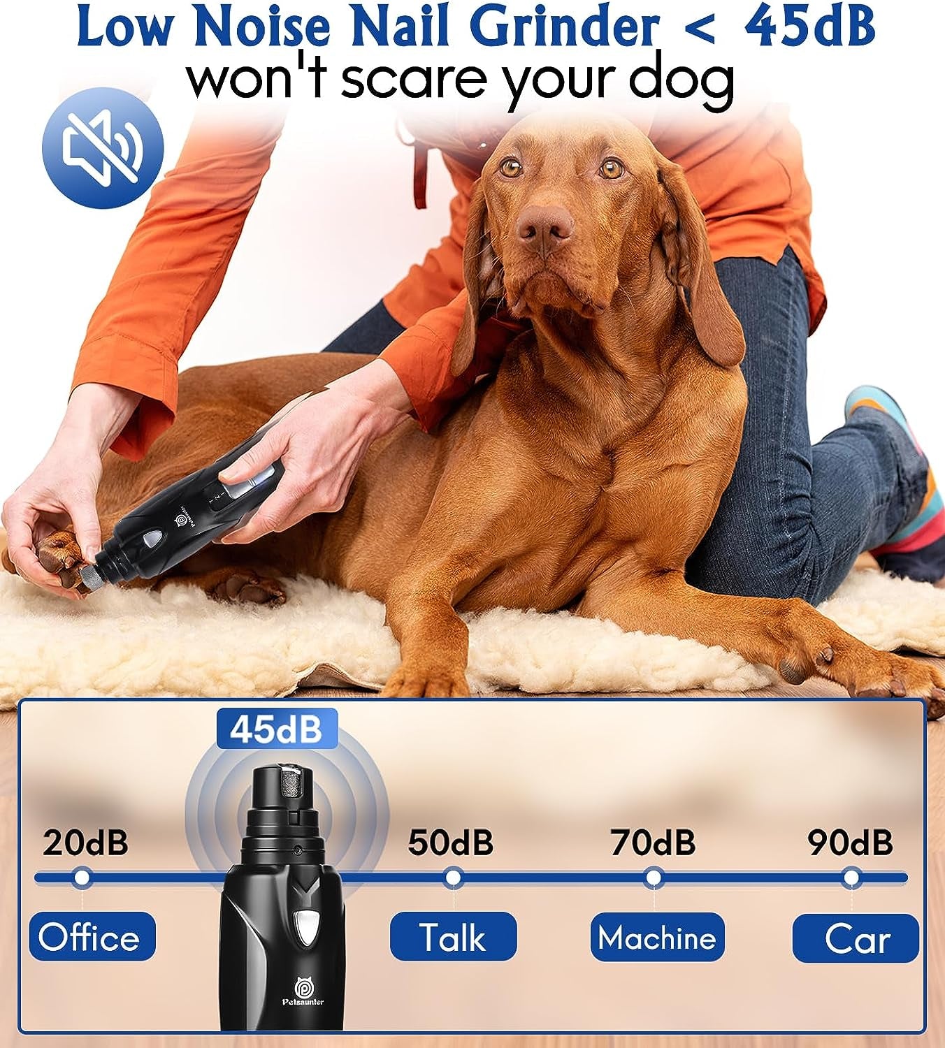 Dog Nail Grinder, 2-Speed and LED Light, Powerful Touch-Switch, Quiet and Low-Vibration Dog Nail Trimmers, and 3 Ports for Large Dogs, Medium, Small Dogs Cats Pets with Hard or Thick Nail