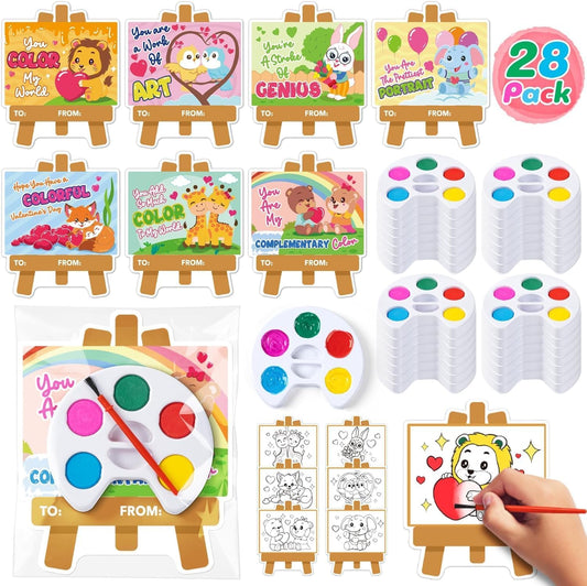 Valentines Day Gifts for Kids, 28 Pack Valentines Cards for Kids Classroom School with Mini Painting Set, Watercolor Paint Bulk for Classroom Gifts Exchange, Valentines for Kids Party Favors Boy Girl