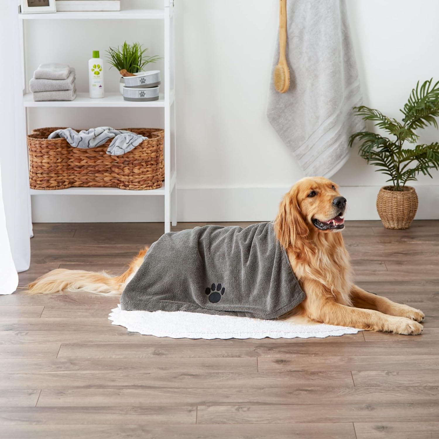 Pet Grooming Towel Collection Absorbent Microfiber X-Large, 41X23.5", Embroidered Gray