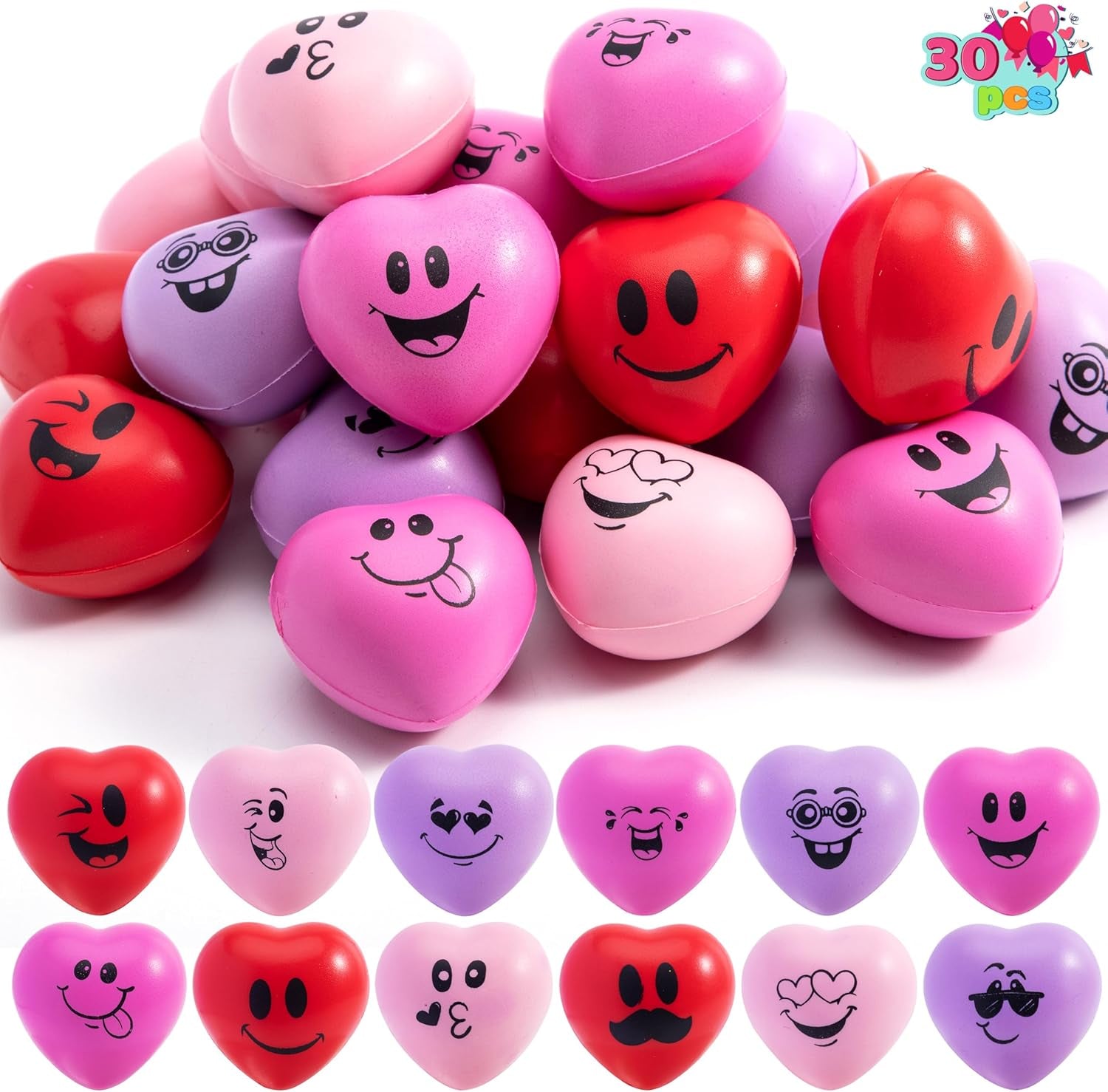 30 PCS Valentine'S Day Heart Stress Balls 1.5"X1.5" for Kids, Squishy Toys Slow Rising for School Carnival Reward, Valentine Party Present Fillers, Valentines Day Gifts, Relieve Stress Toys