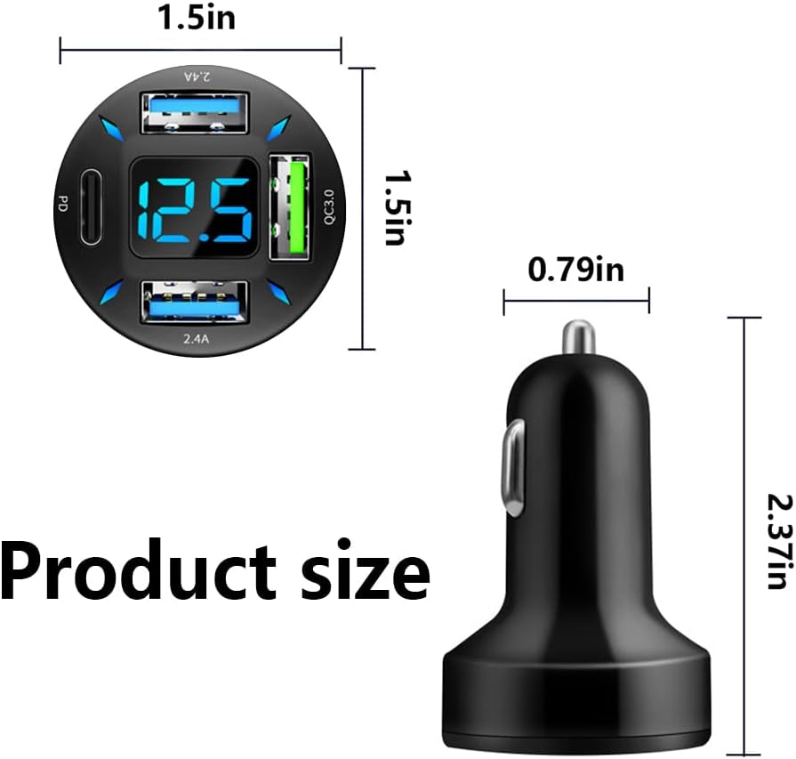 Car Charger 66W Super Fast Charging with USB PD&QC 3.0(Voltmeter&Led Lights) Universal Quick Charge for 12-24V Car Cigarette Lighter Plug,Compatible with Iphone 14 13 12,S22 S21 S20,Ipad(Black)