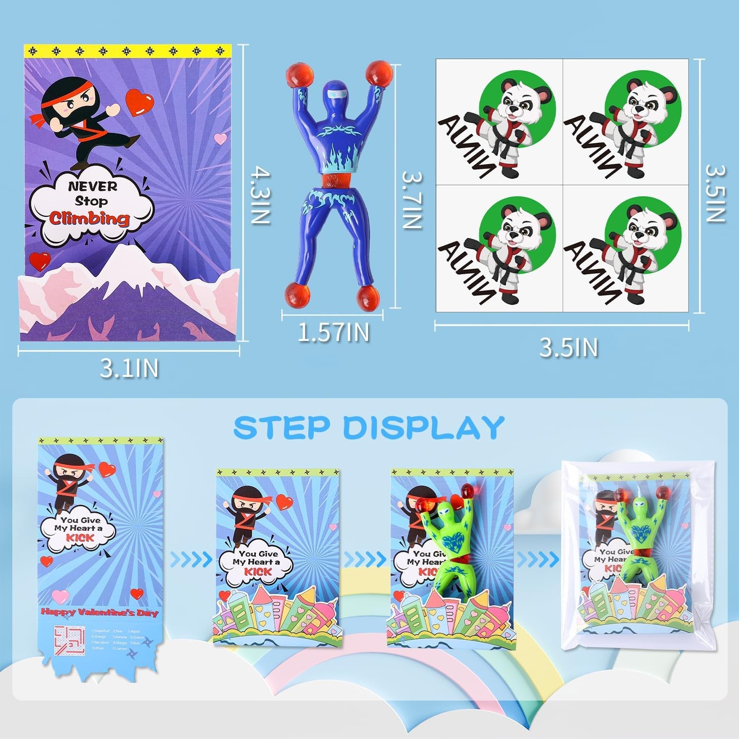 Valentines Day Cards for Kids, 32 Pack Valentines Day Gifts for Kids Classroom with Sticky Wall Climbing Ninjas, 3D Valentines Day Exchange Cards for Boys Girls School Party Supplies Greeting Cards