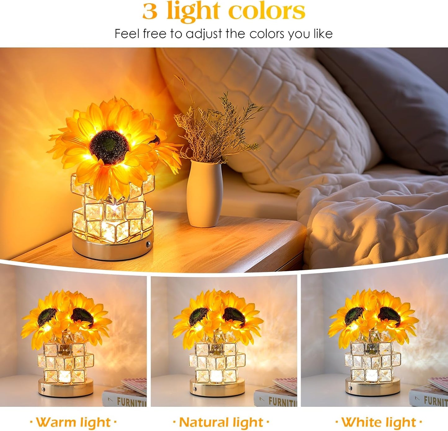 Sunflowers Flower Lamp,Rechargeable Cordless Touch Table Lamp,3-Colour Infinitely Dimming Battery Powered Small Night Light,Gifts for Women Mom for Valentine Day,Mothers Day,Xmas,Birthday