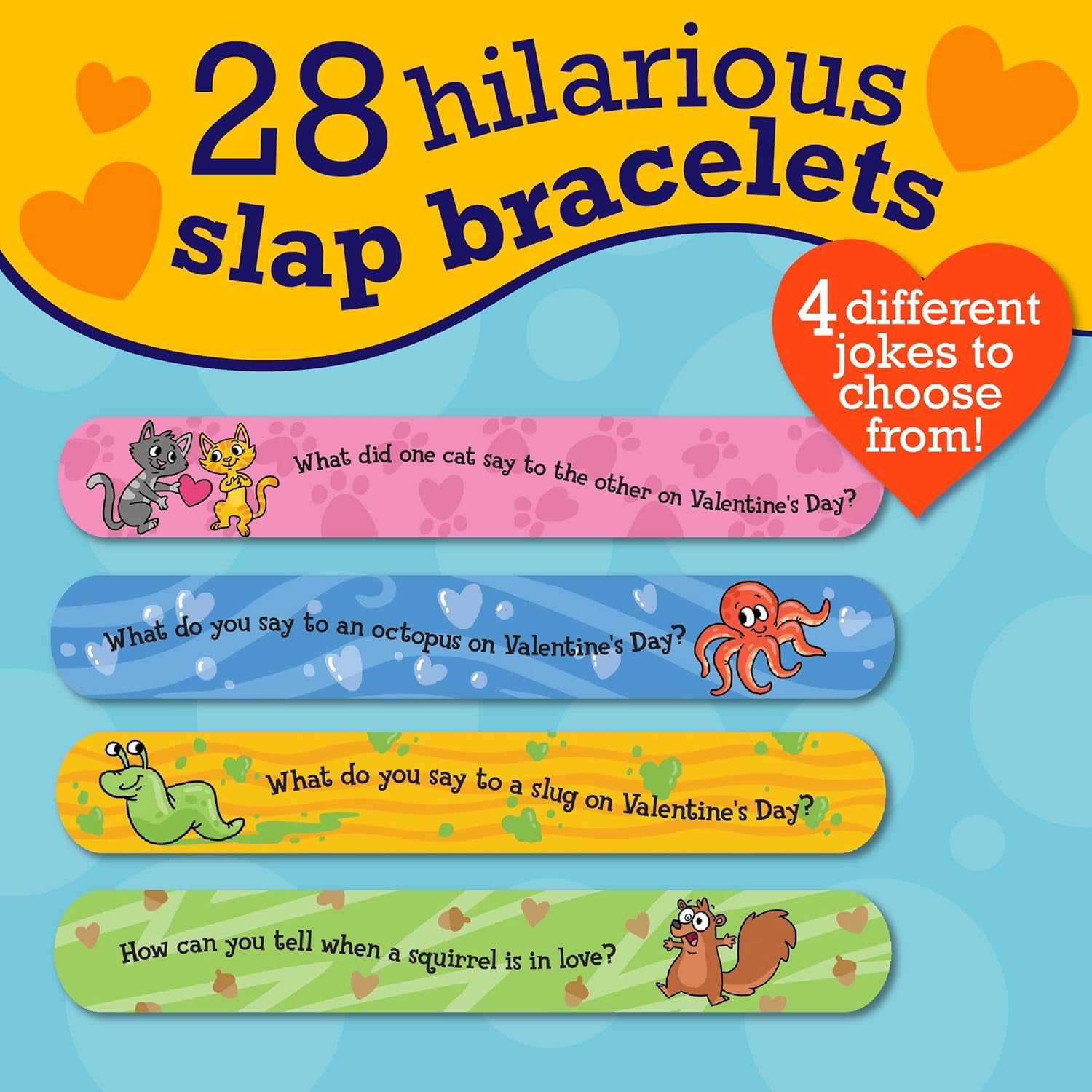 Valentines Cards for Kids Classroom, Set of 28 Valentines Day Gifts - Jokes Slap Bracelets