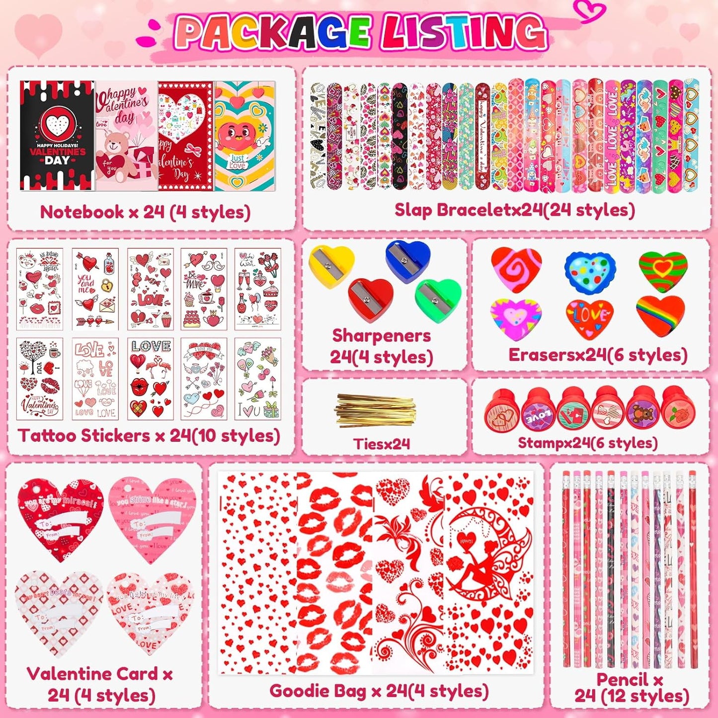 Valentine'S Day Gifts for Kids, 240Pcs Classroom Exchange Stationery Set with Card,Pencil, Sharpener, Eraser, Notebook,Slap Bracelet, Stamp,Tattoo Sticker, Goodie Bag Stuffers for School Party Favors