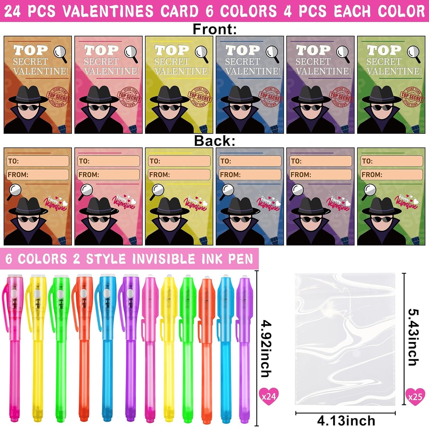 24 Pack Valentines Day Gifts for Kids Classroom Invisible Ink Pen with Valentines Cards, Valentines Party Favors for Kids School Spy Pen Magic Gifts Valentines Pens for Kids Class Exchange Card Prizes