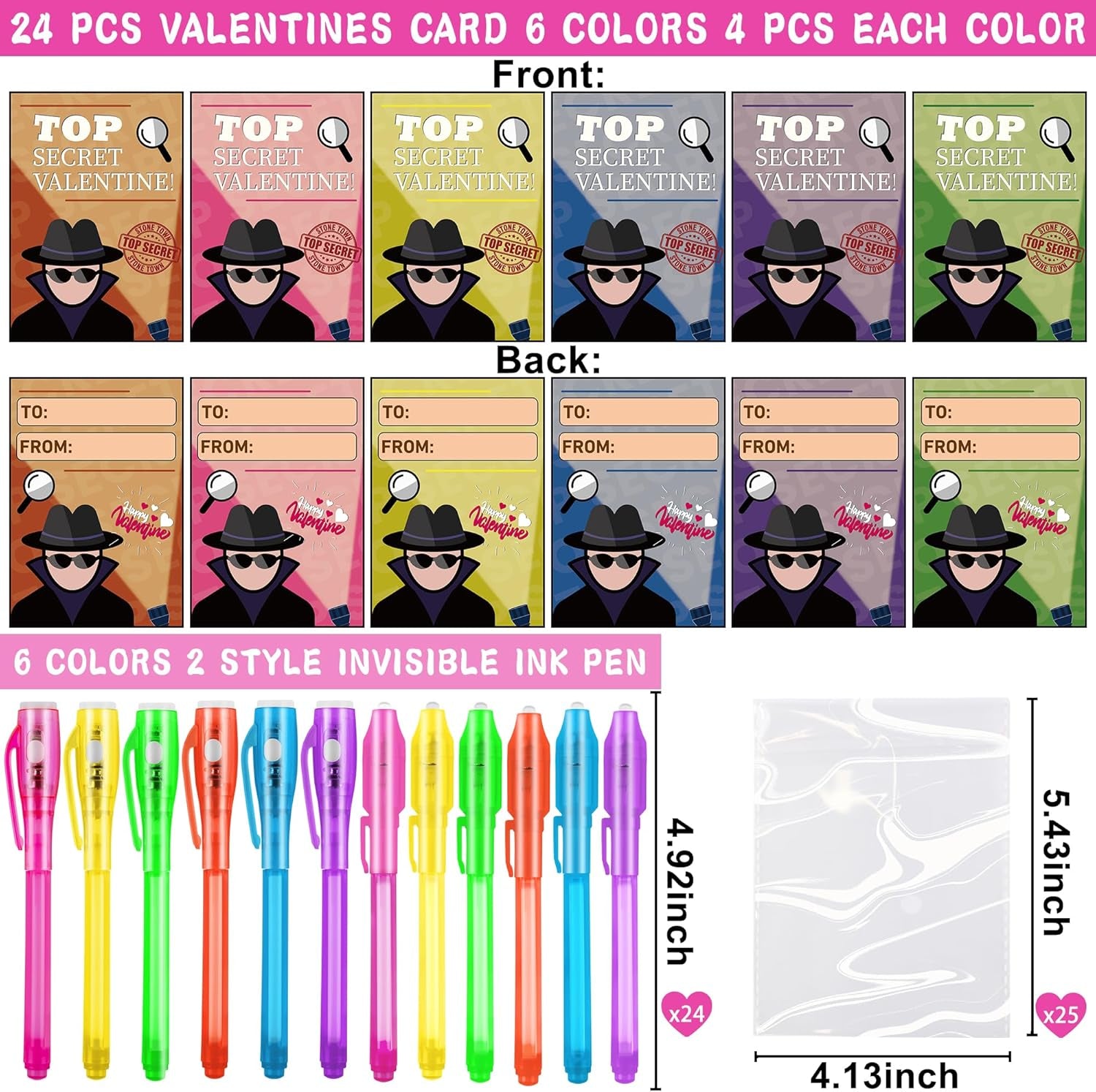 24 Pack Valentines Day Gifts for Kids Classroom Invisible Ink Pen with Valentines Cards, Valentines Party Favors for Kids School Spy Pen Magic Gifts Valentines Pens for Kids Class Exchange Card Prizes