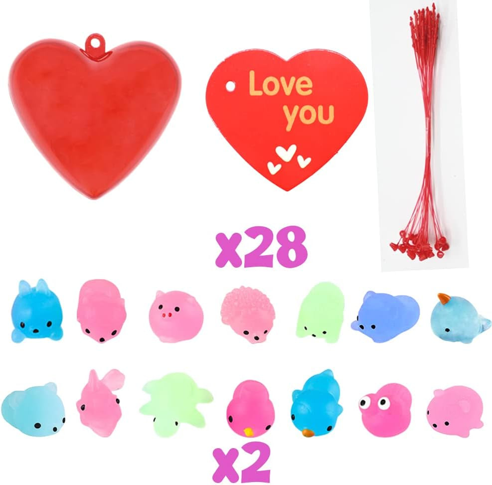 28 Pack Valentines Day Cards with Kawaii Mochi Squishies Toys, Glow in the Dark Cute Mini Squishies Stress Relief Toy, Valentines Exchange Gift Cards for Kids School Classroom Party Favors