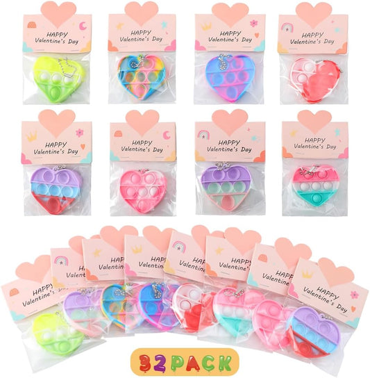 32 Pack Valentines Day Gifts for Kids - Valentines Cards with Mini Heart Pop Fidget Toys Bulk - Valentine Exchange for Girls Boys School Class Classroom Fidget Toys Party Favors