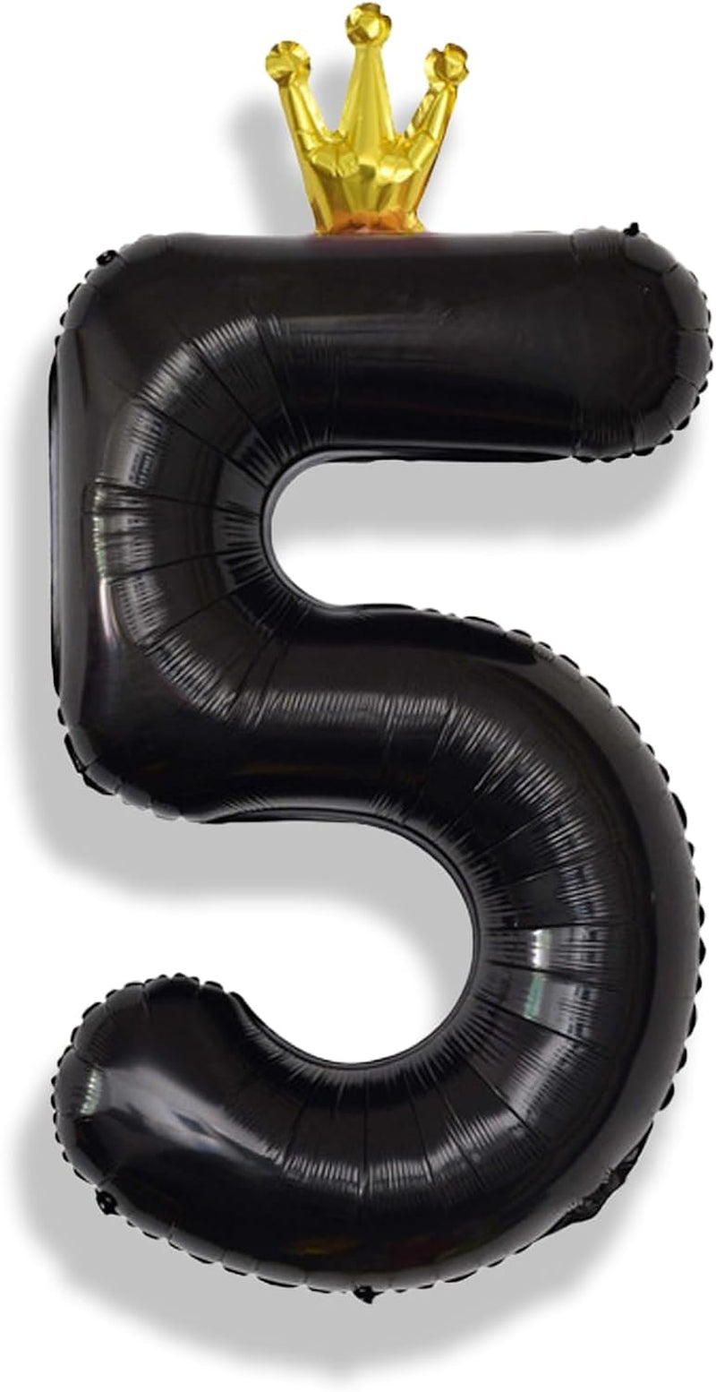 40 Inch Black 5 Number Balloons for Kids, Giant Foil 5Th Birthday Number Balloon, Crown Self Inflating Balloons 0-9 Set for Girls Boys 15Th Birthday Party Decor Anniversary Decorations Boys Supplies