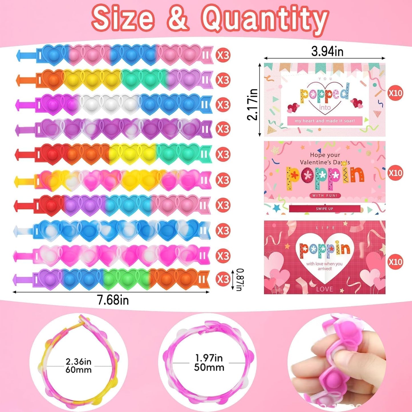 30 Pcs Valentine'S Day Pop Bracelets Toys with Cards Heart Pop Bracelets Bubble for Kids School Classroom Prizes, Valentine'S School Class Exchange Cards and Kids Party Favors