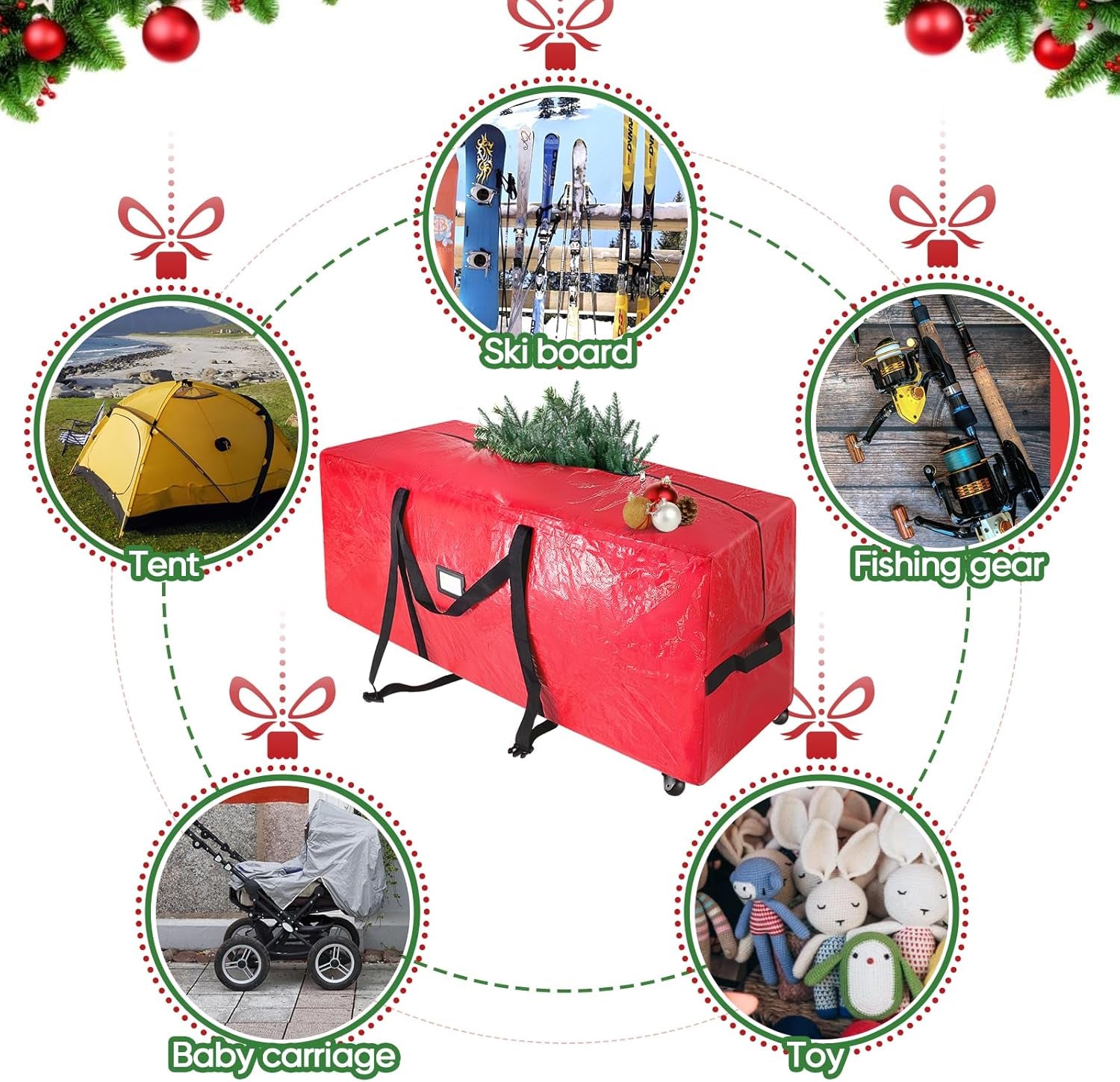 7.5 Ft Rolling Christmas Tree Storage Bag, 2 Swivel Wheels for Easy Moving, Heavy Duty Extra Large Artificial Christmas Tree Bag with Reinforced Carry Handles and Fixed Buckle (Green)