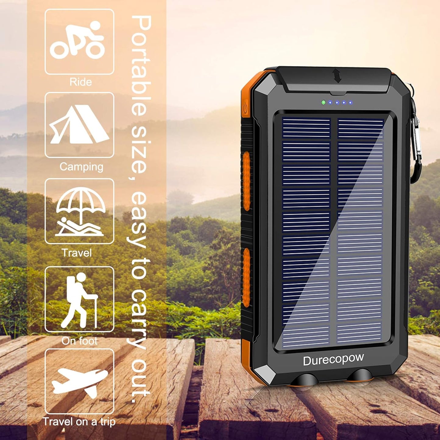 Solar Charger, 20000Mah Portable Outdoor Waterproof Solar Power Bank, Camping External Backup Battery Pack Dual 5V USB Ports Output, 2 Led Light Flashlight with Compass (Orange)