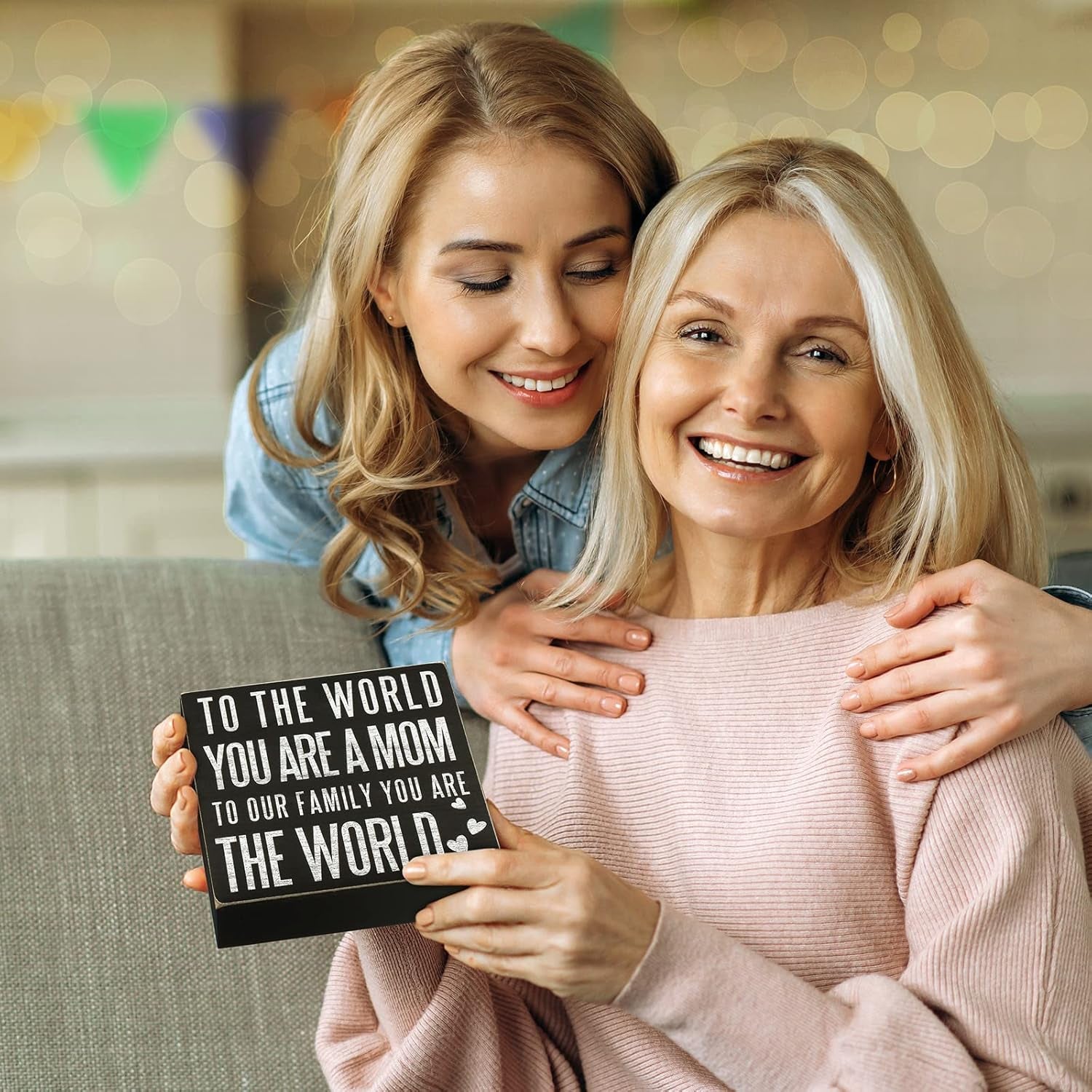 Birthday Gifts for Mom, Christmas Gift for Mother 6X6 Wood Box Sign “To the World You Are a Mom, but to Our Family You Are the World” Rustic Home Décor – Mother’S Day Gifts from Son, Daughter