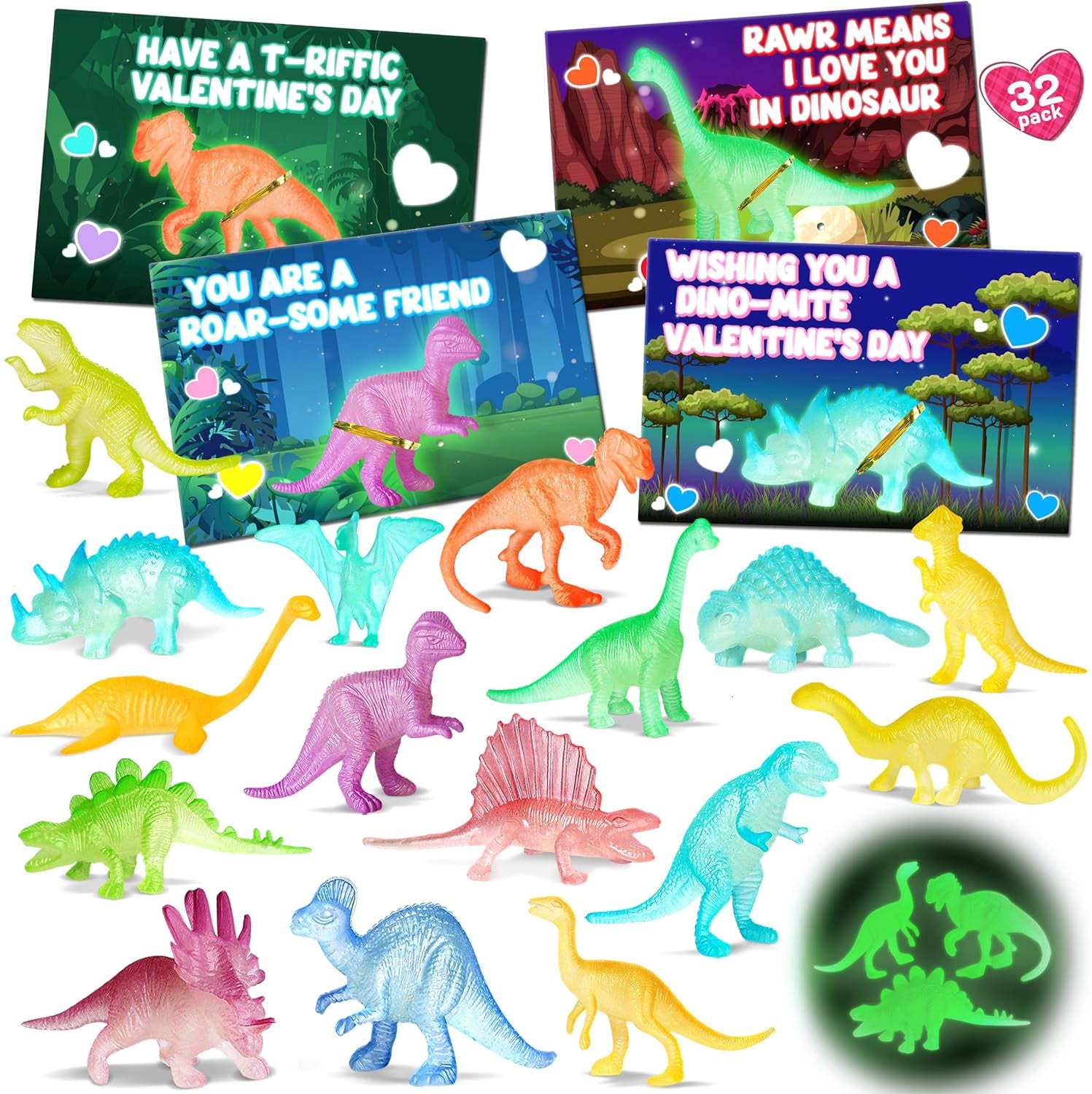 Valentines Day Cards for Kids School, 32 Pack Valentines Day Gifts for Kids with Glow in Dark Dinosaurs, Valentine School Classroom Exchange Gift for Party Favor, Valentine'S Dino Toys for Boys Girls