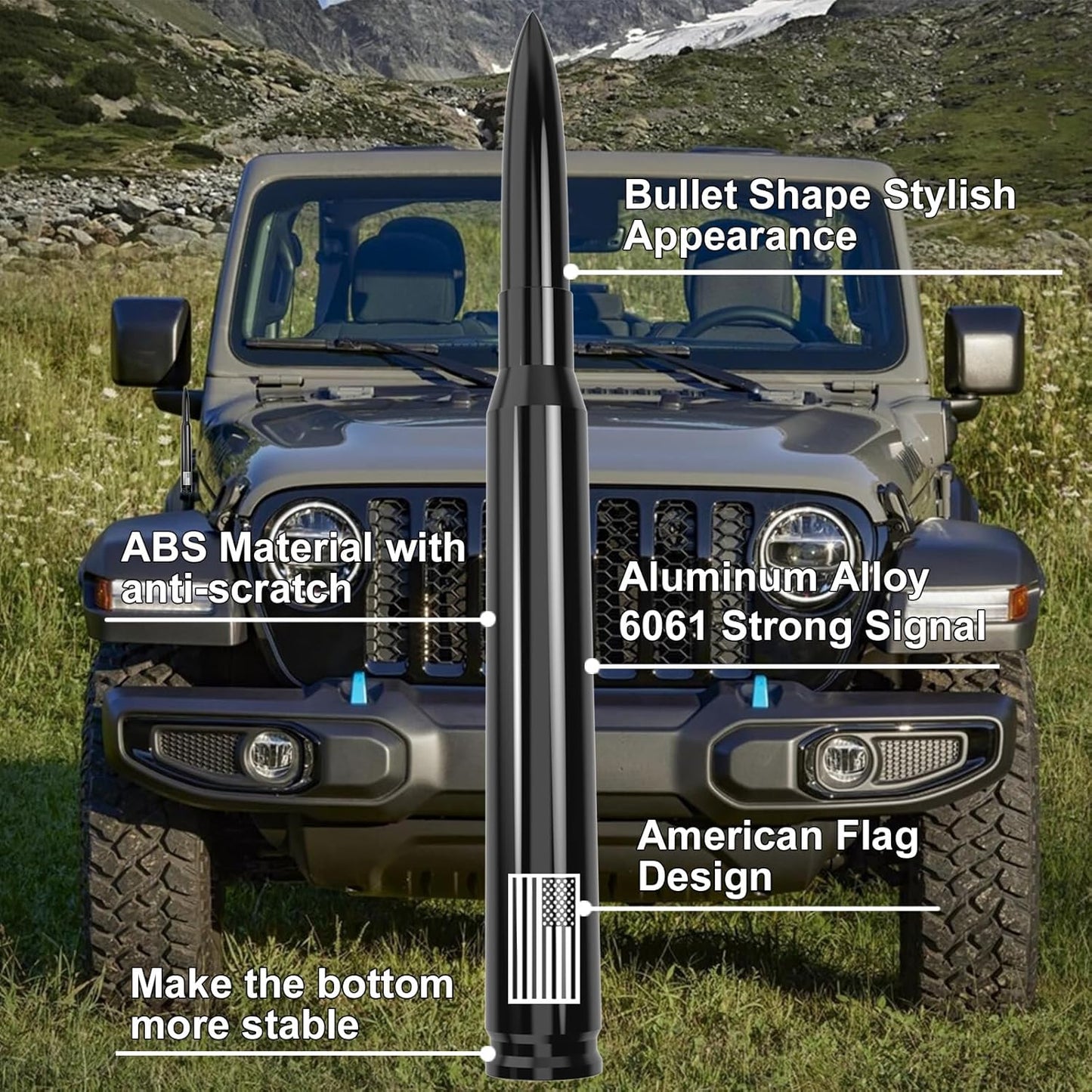 American Flag Antenna with Tire Valve Caps for Jeep Wrangler Gladiator JL JK JT Rubicon Sahara Unlimited Sport 4Xe Willys Mojave 2007-2024 Short Replacement Jeep Wrangler Accessories 7”