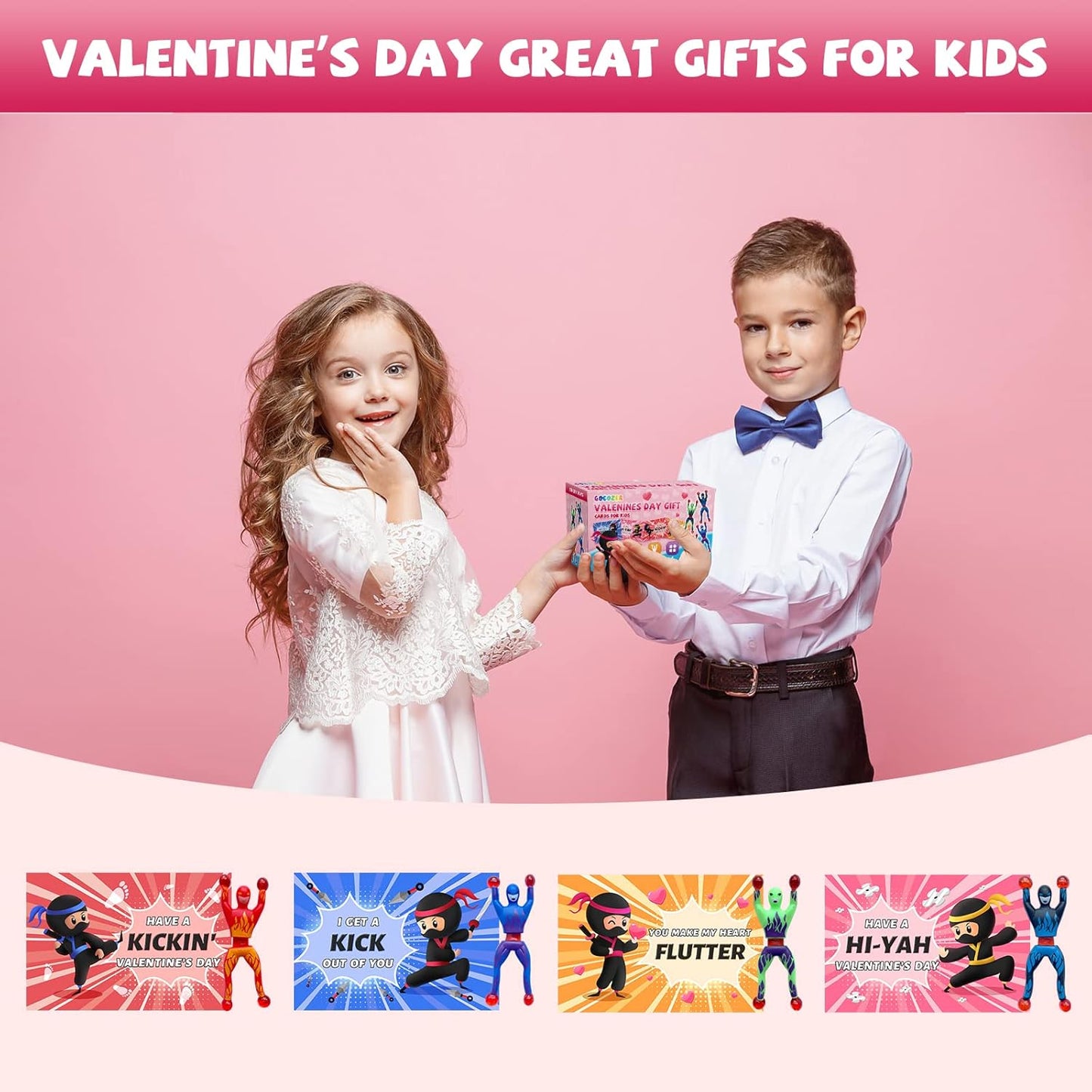 Valentines Day Gifts for Kids, 28 Pack Ninja Sticky Stress Relief Tricky Toys with Valentines Greeting Cards for Kids Classroom, Kids Valentines Exchange Gifts Ideas Preschool Valentine Gifts Favors