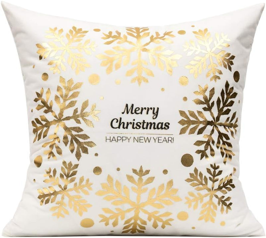 White Gold Christmas Decorations Throw Pillow Covers 18X18 Set of 4 Winter Xmas Navidad Home Holiday Décor Velvet Cushion Cases for Sofa Tree Snowflake Reindeer