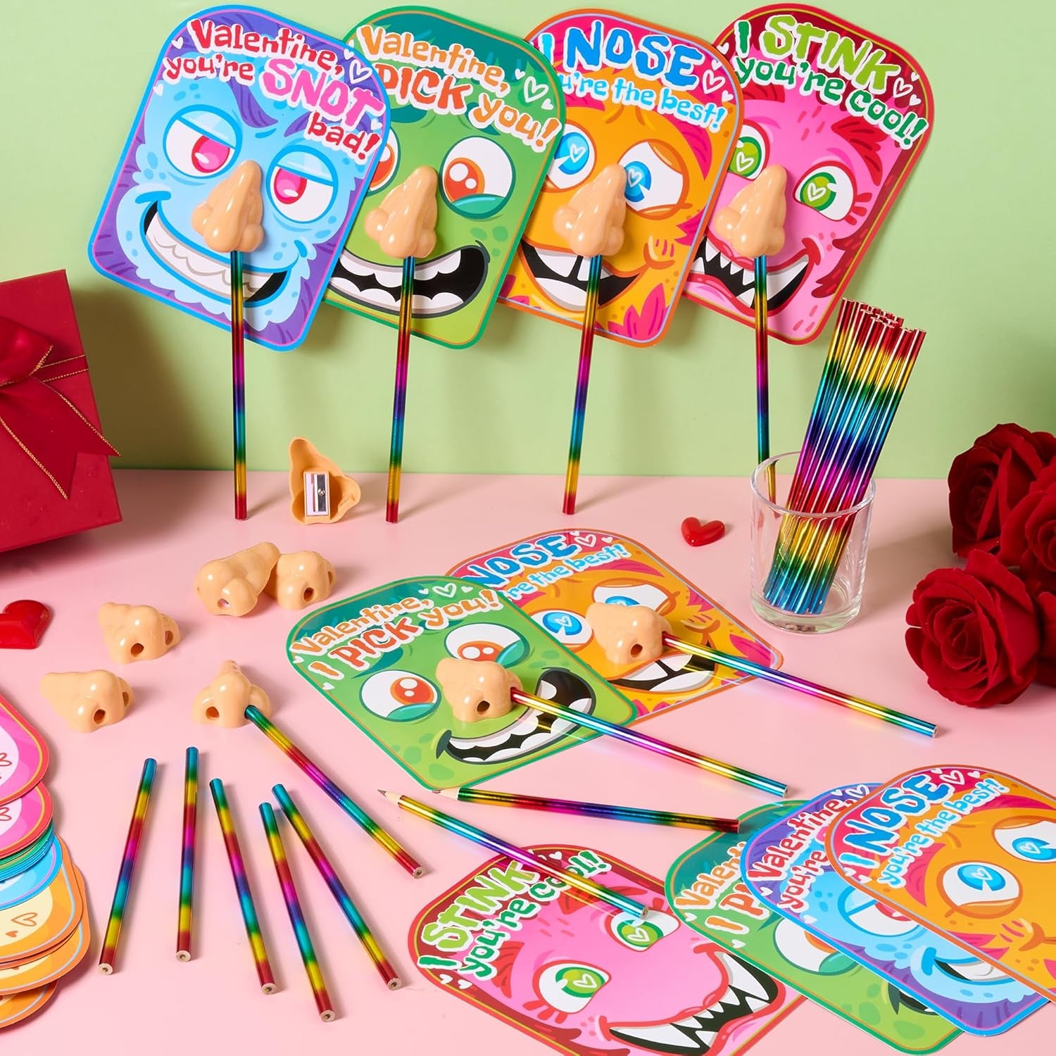 28PCS Valentines Day Stationery Kids Gift Set, Funny Nose Cards and Pencils Perfect for Classroom Exchange, Party Favor Holiday Reward Prizes