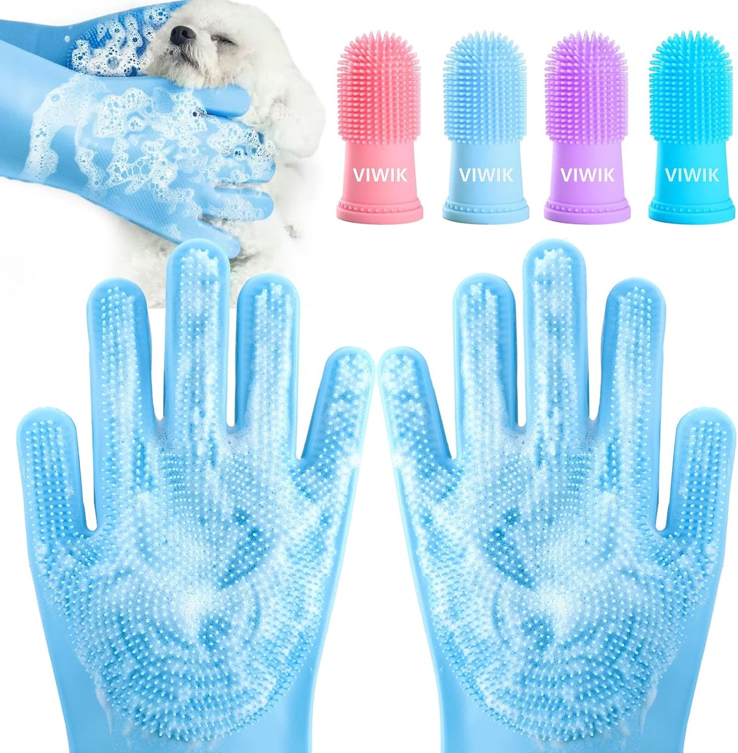 Dog Bath Gloves with 4Pack Dog Toothbrush, Dog Grooming Kit, Dog Finger Toothbrush for Small Breed, Medium Large Dogs, Silicone Dog Washing Gloves with High-Density Teeth, Pet Grooming Gloves