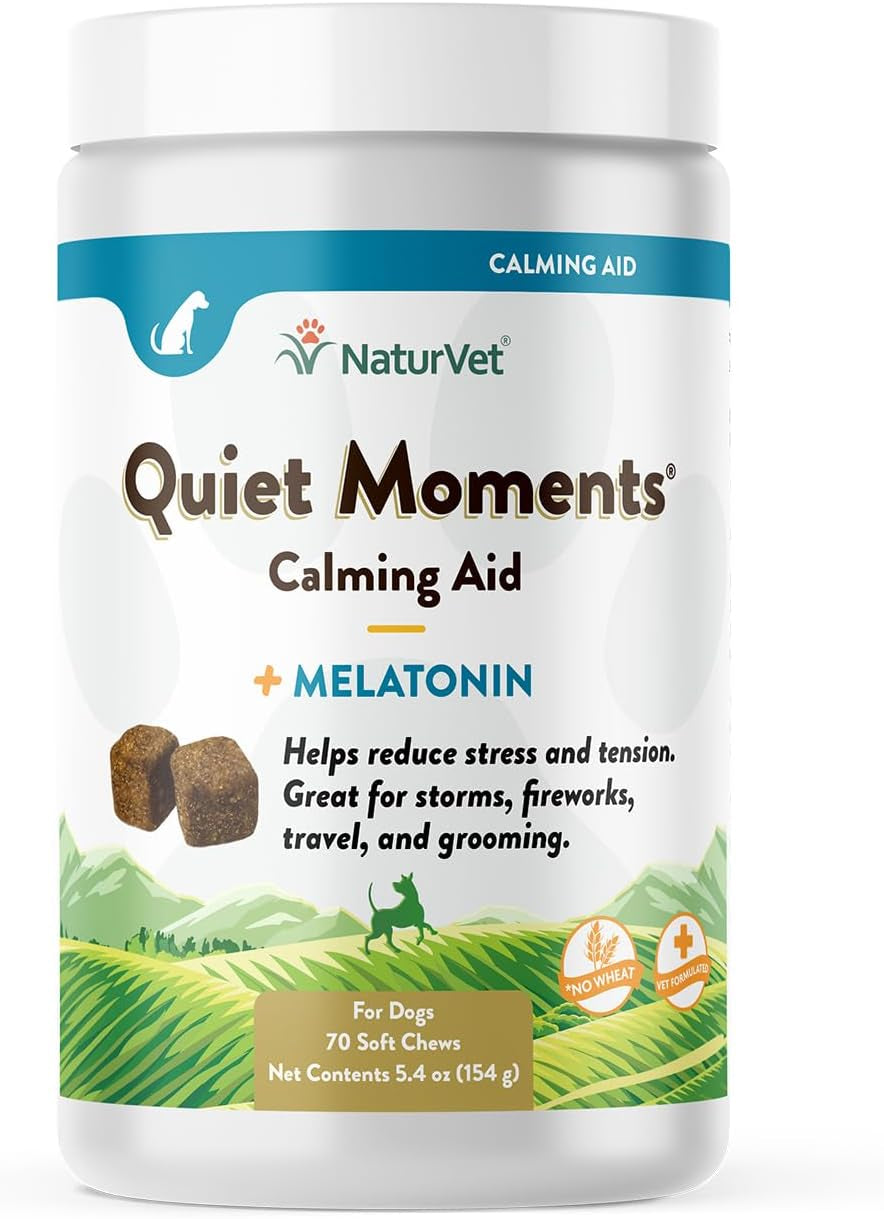 Quiet Moments Calming Aid Dog Supplement – Helps Promote Relaxation, Reduce Stress, Storm Anxiety, Fireworks, Motion Sickness for Dogs – Tasty Pet Soft Chews with Melatonin – 70 Ct.