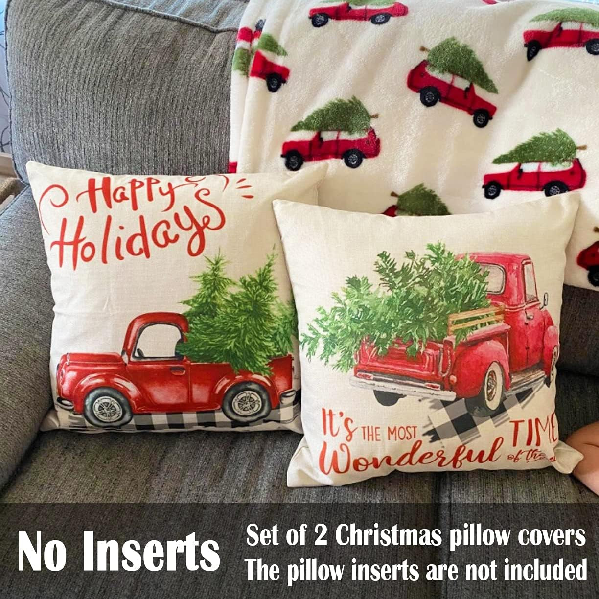 Red Truck Christmas Decor Outdoor Christmas Throw Pillow Covers 18X18 for Home Car Office, Set of 2