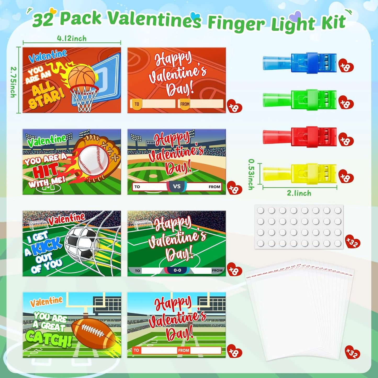 32 Pack Finger Lights Valentines Cards for Kids Classroom, Valentines Day Gifts Light up Bulk for Kids School, Valentines Party Favors for Boys Girls Goodie Bag Stuffers Treats Prizes Exchange