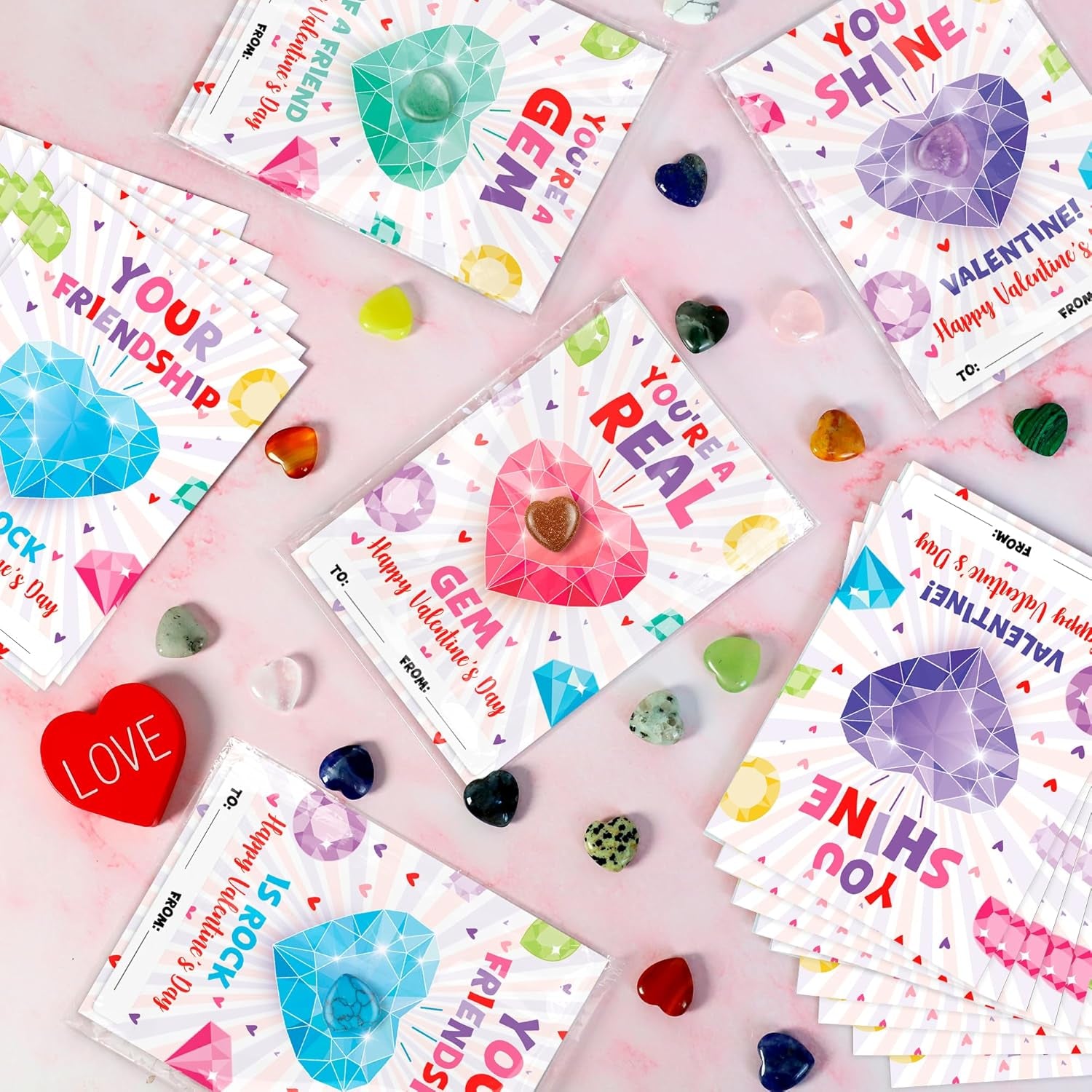 Valentines Day Gifts for Kids,28 Pack Valentines Cards with Heart Shape Crystals Gemstones Bulk for School Classroom Gifts Exchange Prizes,Funny Valentine'S Party Favor Toys for Toddlers Boys Girls