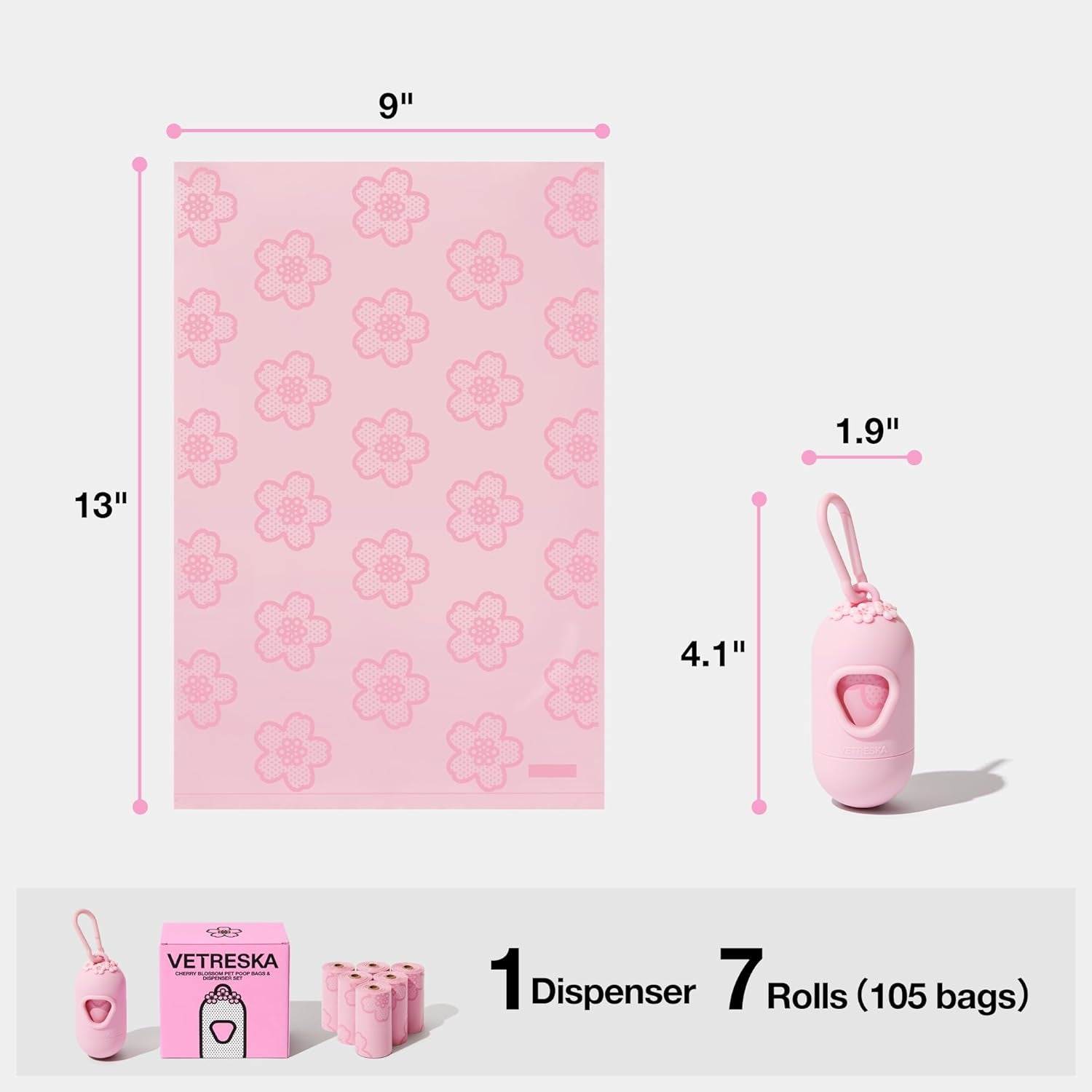 Dog Poop Bag Dispenser with Cherry Blossom Scented Poop Bags, Leak Proof and Extra Thick Pet Waste Bags, 1 Poop Bag Holder and 105 Bags for Dog Walking and Cats Litter, Pink