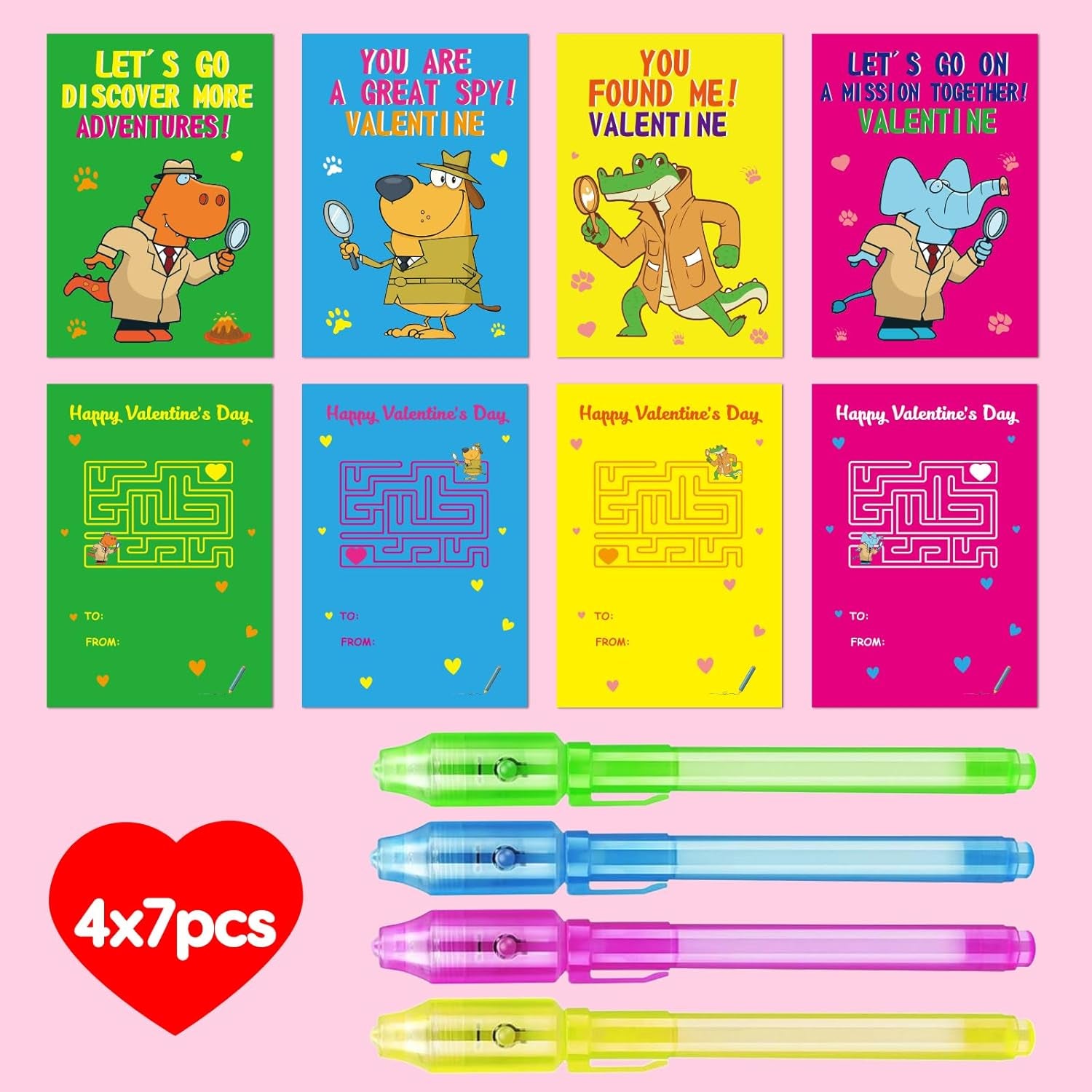 28PCS Valentines Day Gifts for Kids Classroom with Invisible Ink Pen, Kids Valentine Day Cards for School Boys Girls Student Exchange Gifts Spy Pens for Toddler Valentine'S Party Favors Treat Bulk