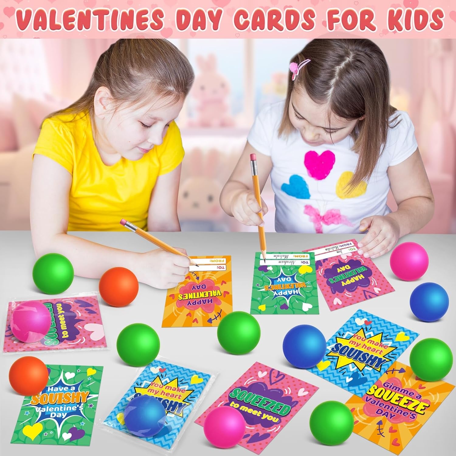 28 Packs Kids Valentine'S Day Greeting Cards with Squeeze Ball Set,Valentine Exchange Cards for Girls Boys School Class Prizes, Stretchy Balls Sensory Squeeze Toys,Bulk,Valentine Party Favor for Kids