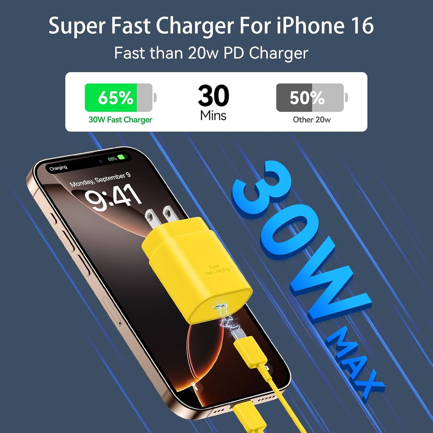 USB C Phone 16 15 Pro Max Charger Fast Charging Block, 30W USB C Charger with 10FT USB-C Fast Charging Long Cable Cord for Phone 16 Pro Max/16 Pro/16 Plus/16/15 Promax/15Pro/15Plus/15 Galaxy-Yellow