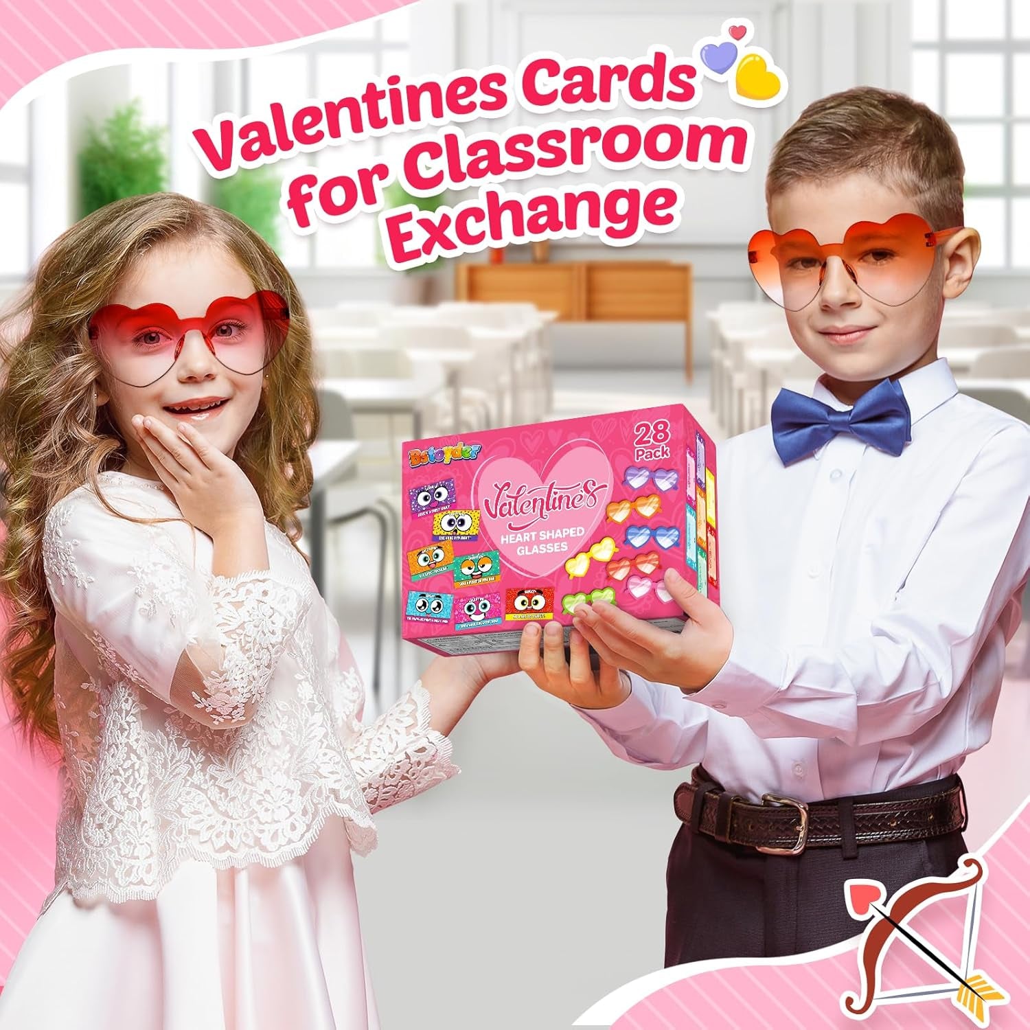 Valentines Day Cards for Kids School, 28 Pack Valentines Cards for Kids School with Heart Shaped Glasses, Valentines Day Exchange Gifts for Kids, School Classroom Birthday Party Favors for Boys Girls