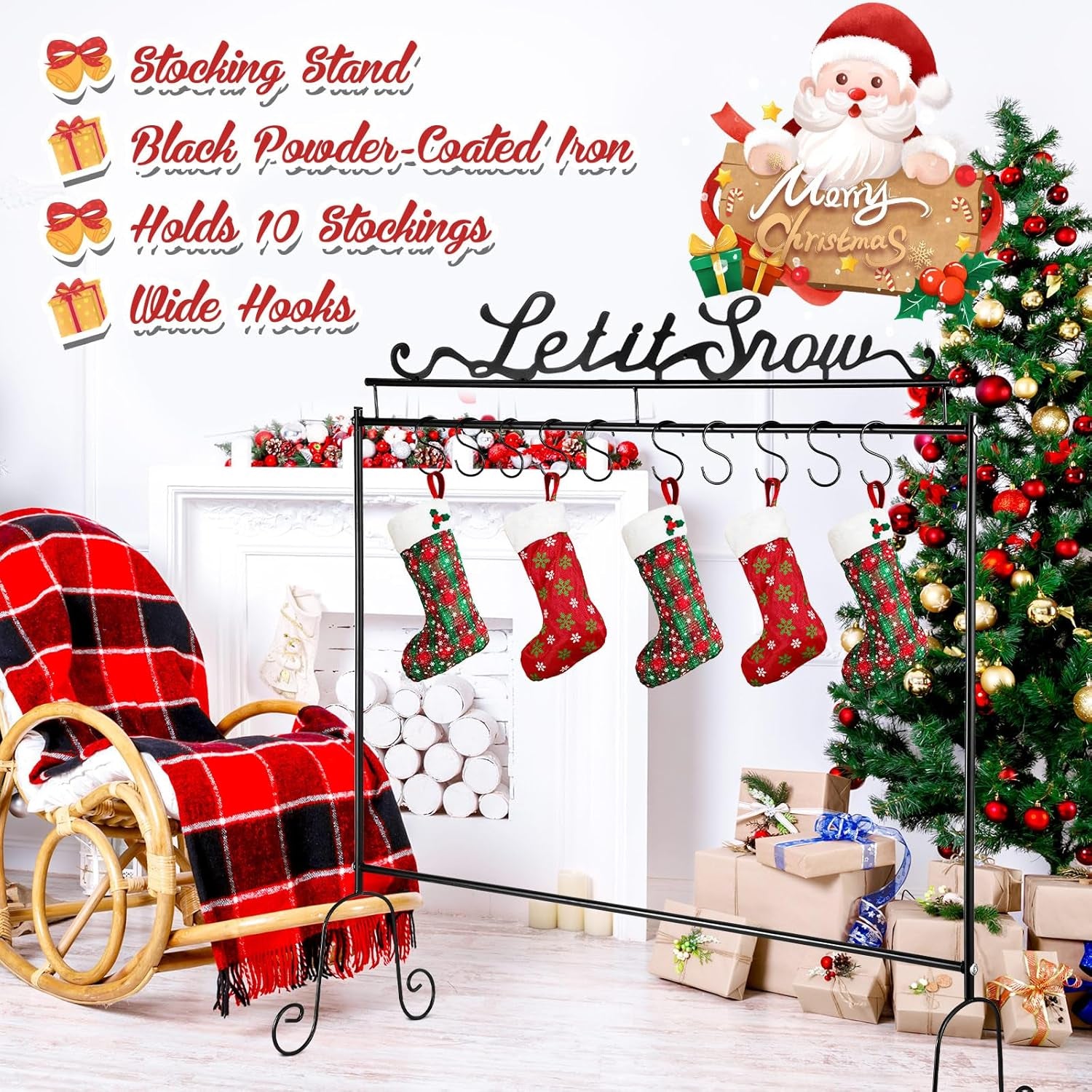 Metal Christmas Stocking Holder Stand with 10 Hooks 33.5 X 30 X 8.3 Inch Heavy Duty Freestanding Holder Merry Christmas Stocking Holder for Floor Holiday Garland(Let It Snow)