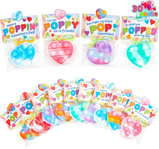 30 Packs Valentine’S Day Gift Cards with Heart Pop Bubble Keychain, Mini Pop Squeeze Toys, Stress Relief Fidget Toys for Kids Valentine'S Party Favors, Classroom Exchange and Game Prizes