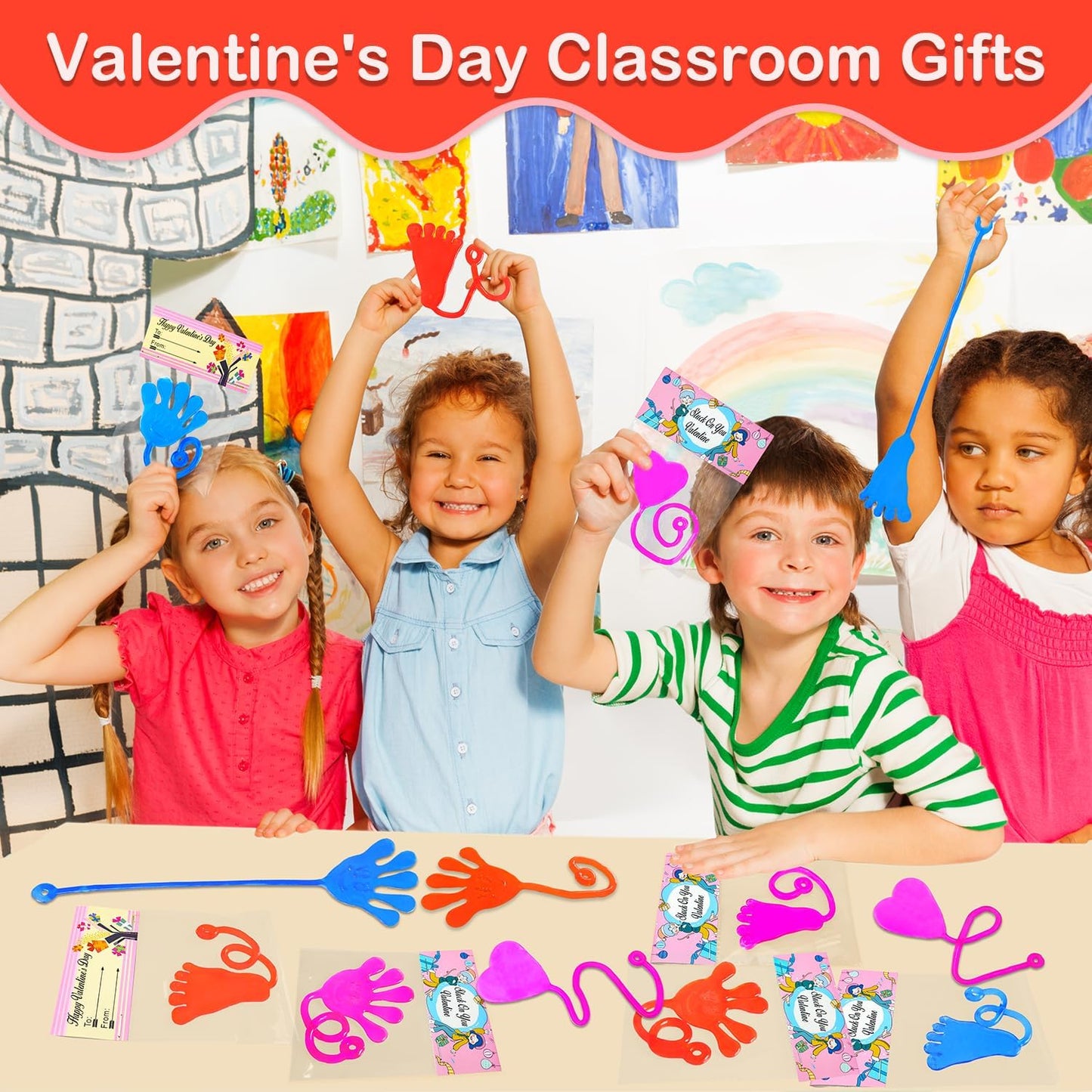 Valentines Day Gifts Cards for Kids Classroom, 28-Pack Sticky Hands Feet Hearts Toys with Class Exchange Cards, Valentines Non Candy Treats Goodies Prizes School Party Favors for Toddlers Boys Girls