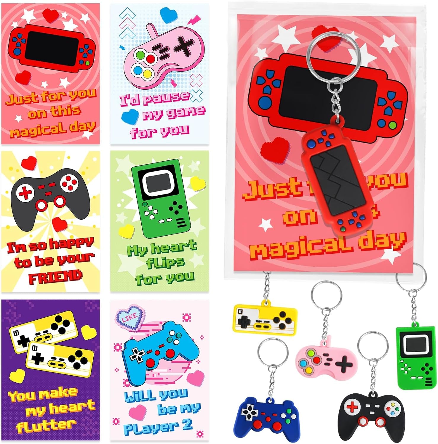 Valentines Gifts Cards for Kids Classroom, 30 Pack Game Console Keychain with Cards, Valentines Day Exchange Prizes for School, Valentines Party Favors, Valentines Day Gifts for Kids