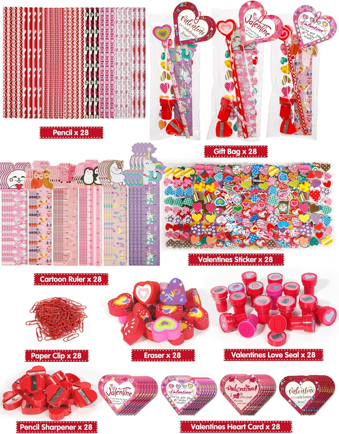 Valentine Gifts for Kids School, 28 Packs Stationery Set from Teachers to Students, Valentines Kids Gift Set Cards with Stickers, Pencils, Erasers, Valentine'S Day Classroom Exchange Party Favor Toy