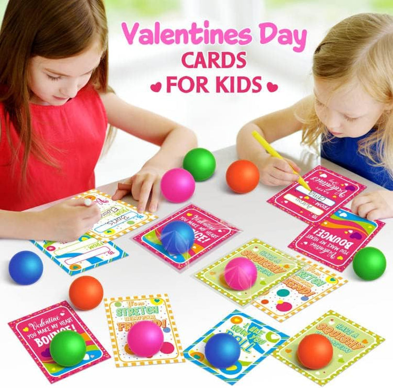 28 Packs Valentines Day Cards for Kids with Stretchy Ball Set, Stretchy Balls Sensory Squeeze Toys Fidget Toys for Kids Classroom Exchange Prizes, Valentine Party Favor for Kids