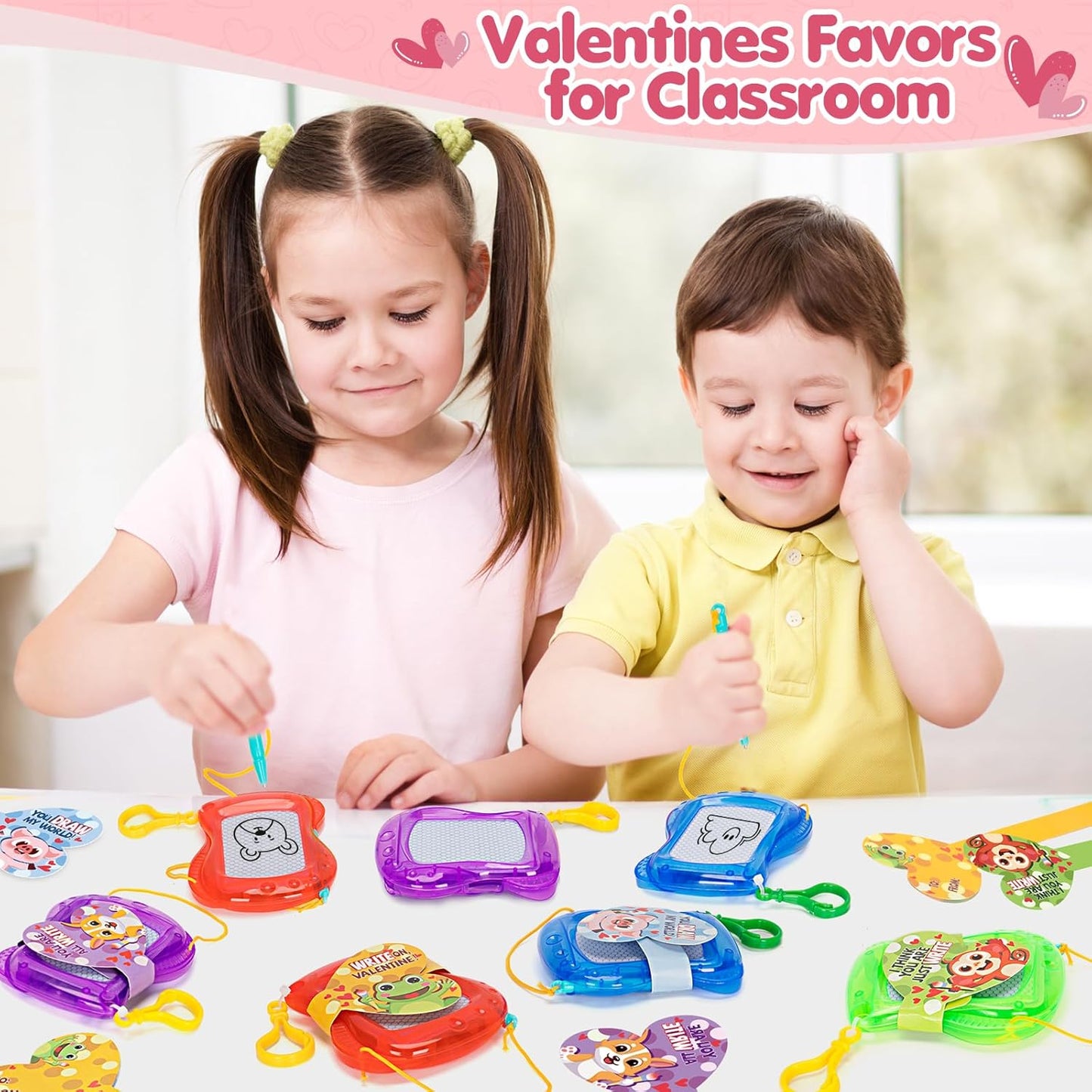 Valentines Day Cards for Kids School, 12 Pack Mini Magnetic Drawing Board with Valentine Cards for Boys Girls, Valentines Day Gifts for Kids, Erasable Doodle Sketch Party Favors, Classroom Prizes