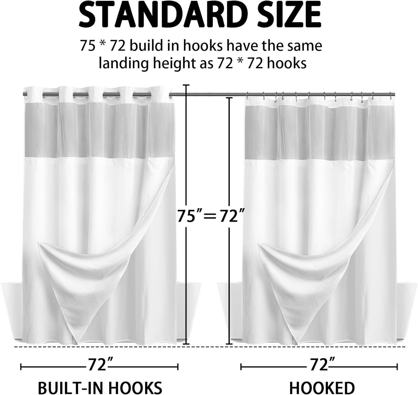 No Hook Shower Curtain with Snap in Fabric Liner Set Less Time White Waffle Shower Curtain for Bathroom 75" L X 72" W