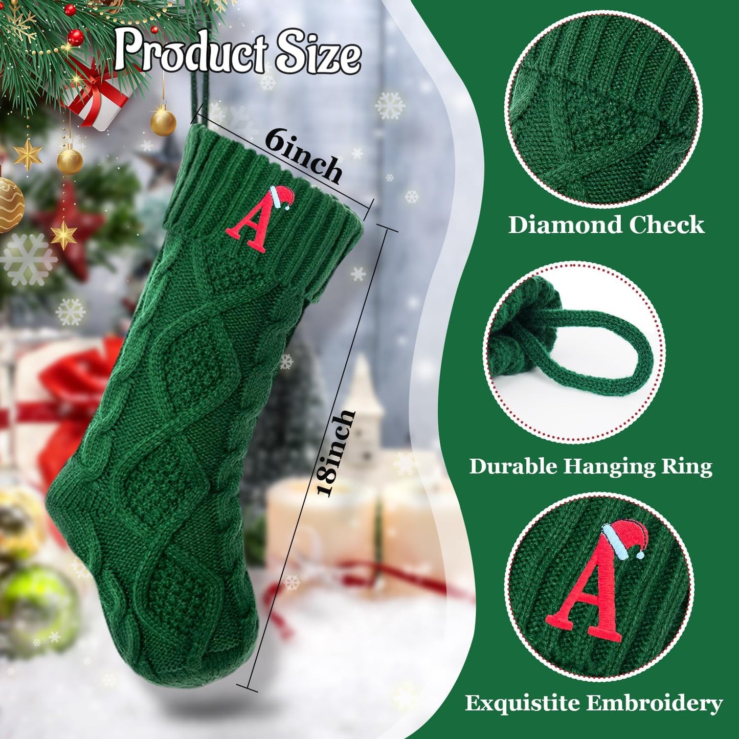 Christmas Stockings with Initials, 18’’ Large Embroidered Monogram Knit Christmas Stocking,Xmas Stocking for Kids, Holiday and Family Stocking for Fireplace or Party Decoration Green Letter H