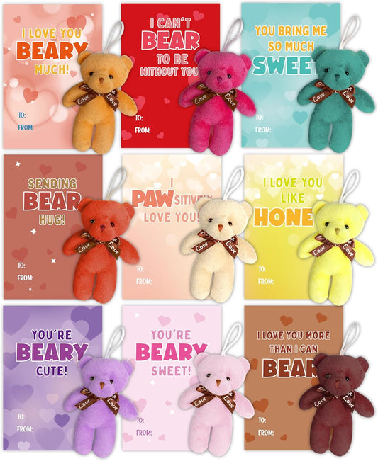 Valentines Day Gifts Cards for Kids, 24 Mini Stuffed Animal Plush Bears with Valentines Cards, Valentine Cards Gifts for Kids School Classroom Exchange, Valentines Day Gifts for Kids Girls