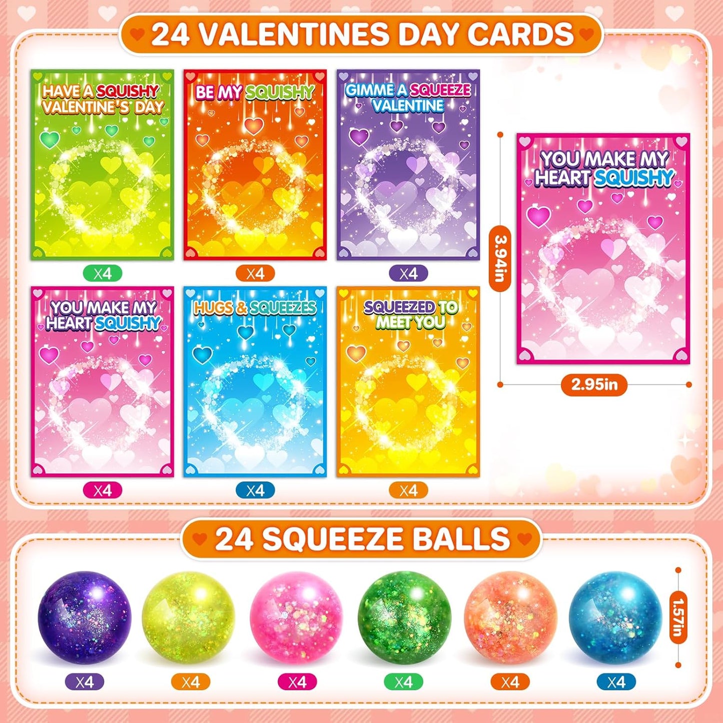 24 Pack Valentines Day Cards for Kids, Valentine'S Cards with Squeeze Balls, Stretchy Toy for Classroom School Valentine'S Gifts Exchange, Valentine'S Party Favor Prizes for Boys Girls