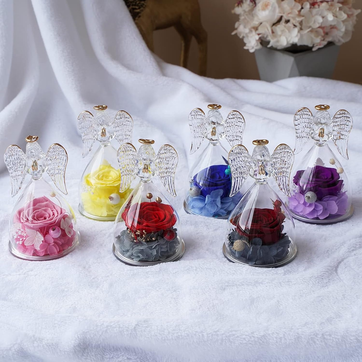 Preserved Flower Rose Birthday Gifts for Mom, Glass Angels Figurines Gifts for Women Grandma Mothers, Forever Real Flowers Unique Gifts for Valentine Mother'S Day Anniversary Thanksgiving ﻿