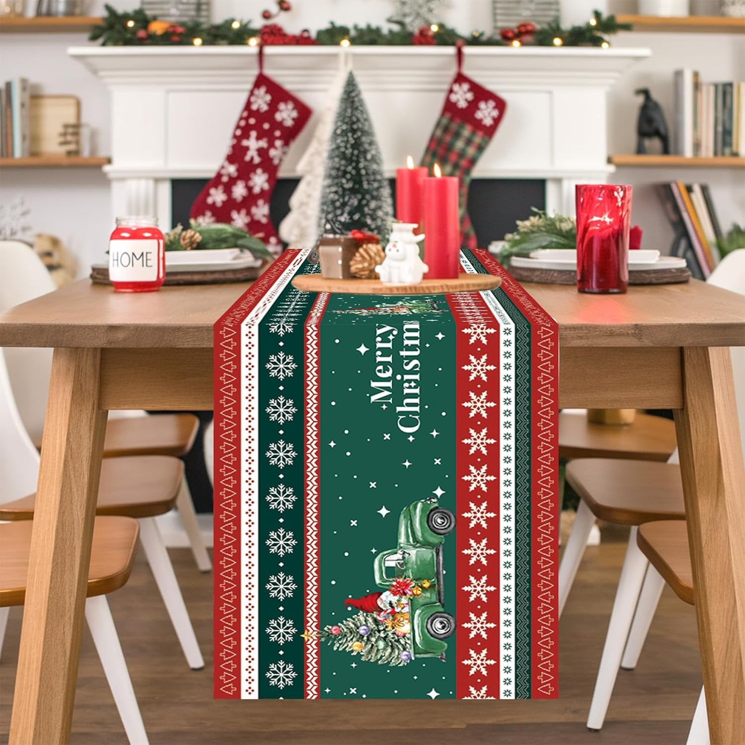 Christmas Table Runner, Red Green Truck Snowflake Santa Claus Christmas Runner for Table, Christmas Table Runners 72 Inch Long Xmas Kitchen Dining Table Decorations for Home Winter Party Decor