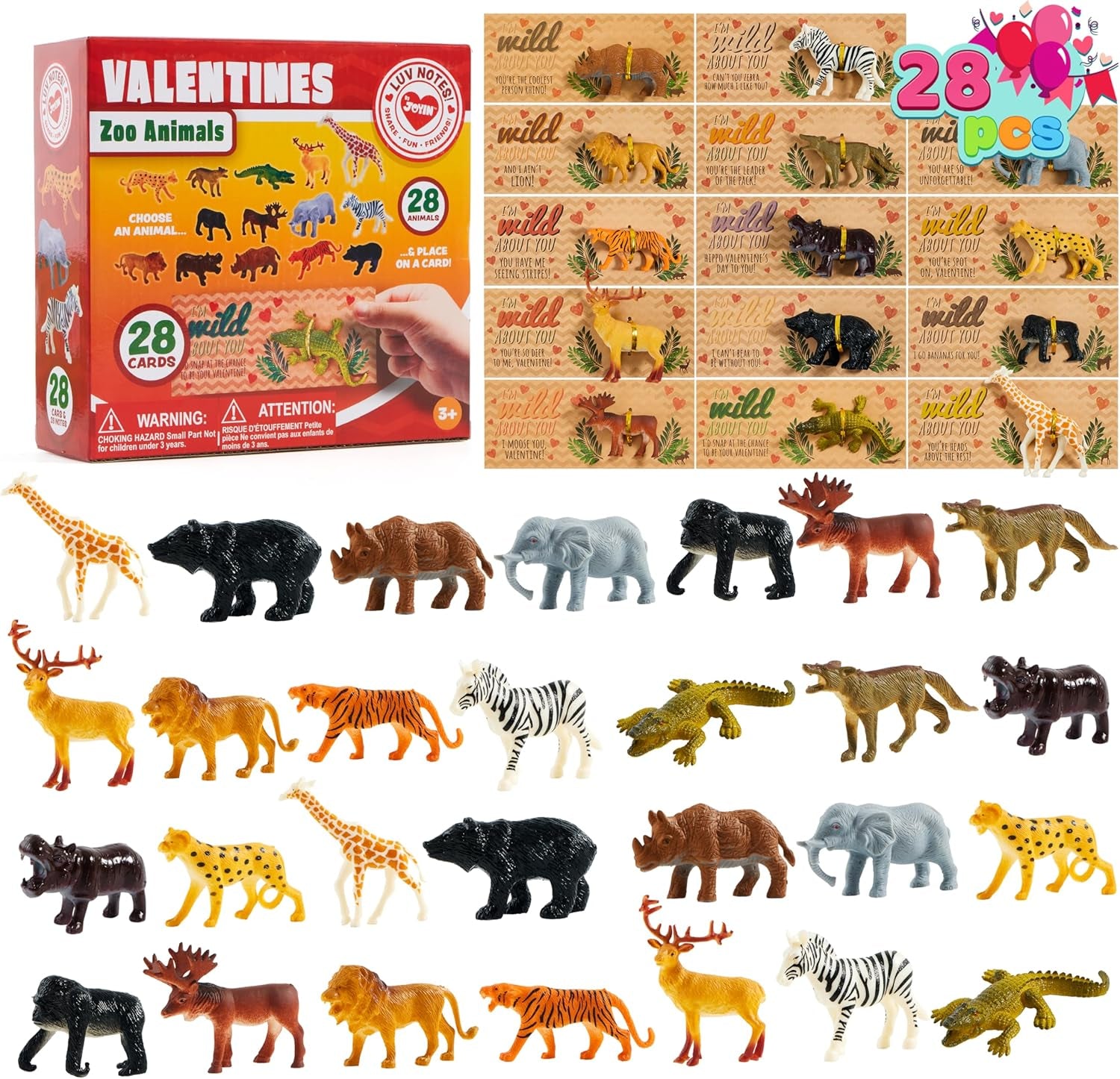 28Pack Valentines Day Gifts Cards with Zoo Animals Figures for Boys Girls, Valentine'S Greeting Cards for Classroom Exchange, Kids Party Favors School Game Prize Toys